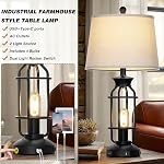 28" Lampes de table vintage avec USB Ports C+A & AC Ensemble de lampes de table de ferme industrielle 2, Black Modern Nightstand à côté des lampes avec 2 Lumière de nuit pour chambre à coucher(4 LED Ampoules comprises)