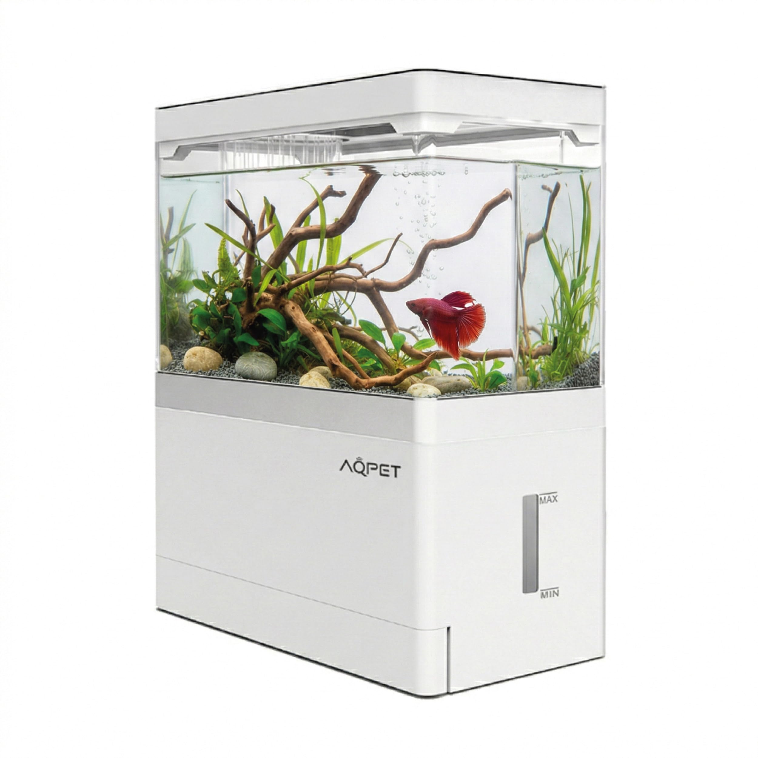 AQPET HYDO Acquario da Scrivania Multifunzionale in Acrilico con Dock Station per Smartphone – Mini Acquario con Pompa e Filtro, LED 5 Modalità e Modulo Idroponico, Ideale per Betta e Caridine