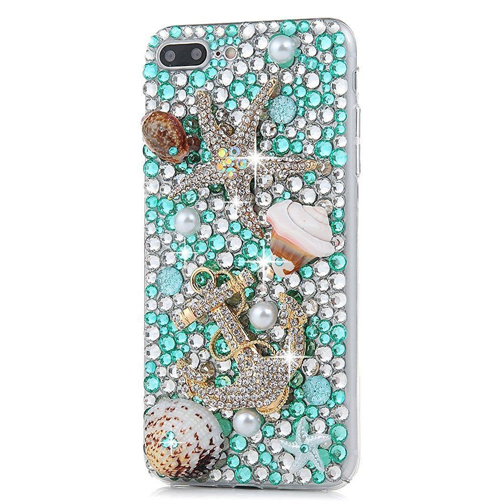 STENES Bling Phone Case Compatible with iPod Touch 5/6th Case - [Luxurious Series] 3D Handmade Shiny Crystal Sparkle Bling Case - Crystal Seafish Golden Anchor Pretty Shell/Green