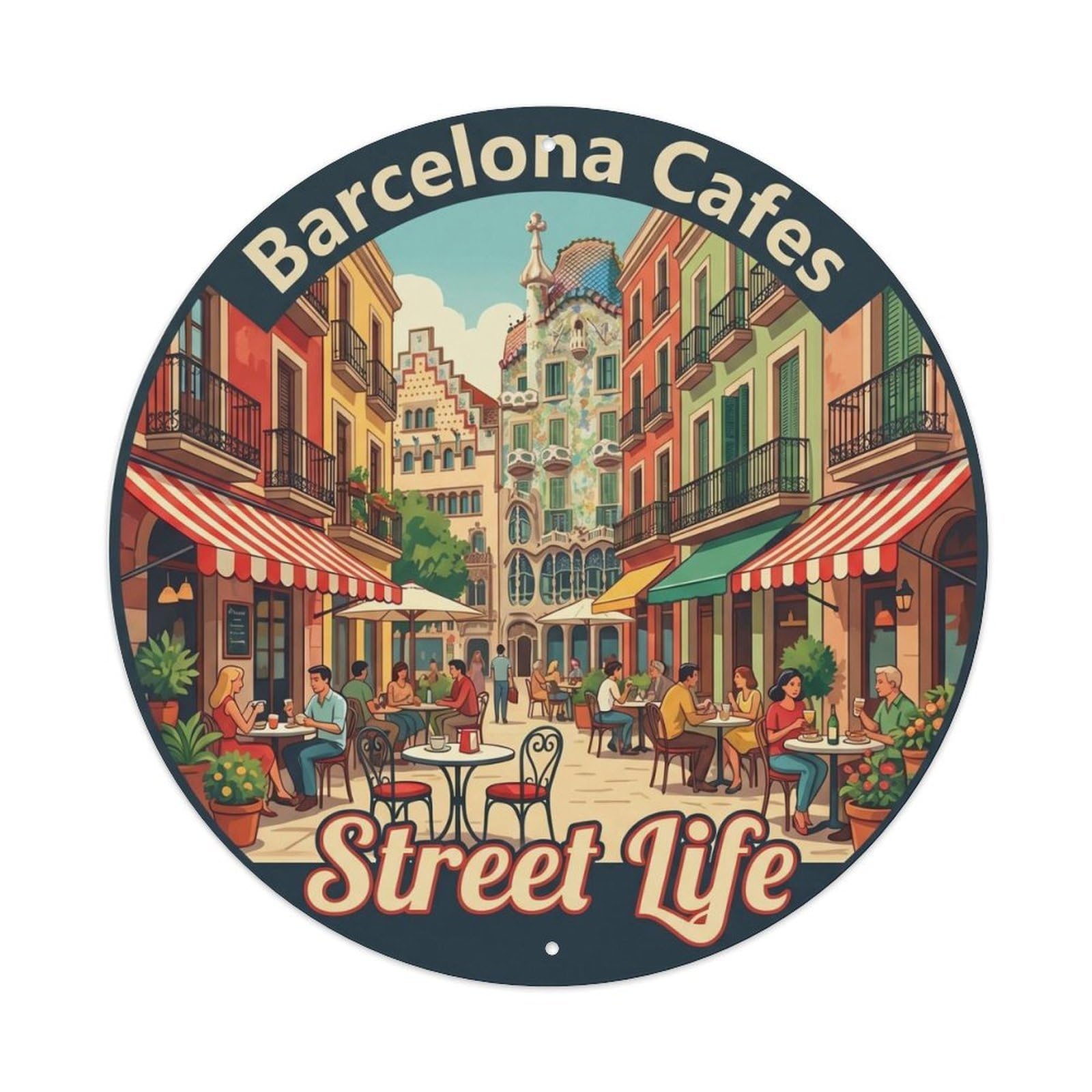 Barcelona Cafe Culture Vintage Travel Catalan Heritage Metal Tin Sign Plaque Wall Decor for Cafe, Man Cave, Club Bar, Office, Home Garden Round Metal Poster 8x8Inch