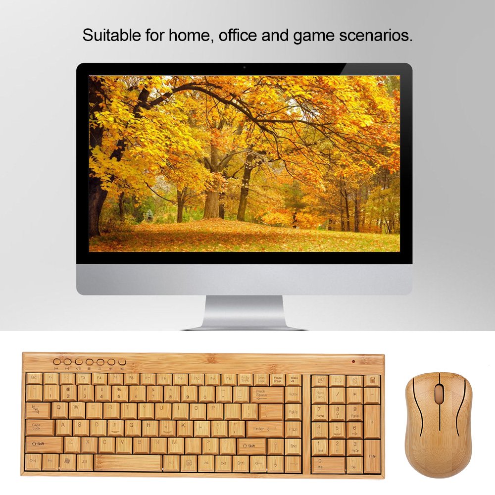 Zestaw Bezprzewodowej Klawiatury i Myszy Bamboo, Naturalne Drewno Bambusowe 2,4G, Klawisze Multimedialne, Kompatybilny z 7/8/XP/VISTA, do Użytku w Domu, Biurze i Grach