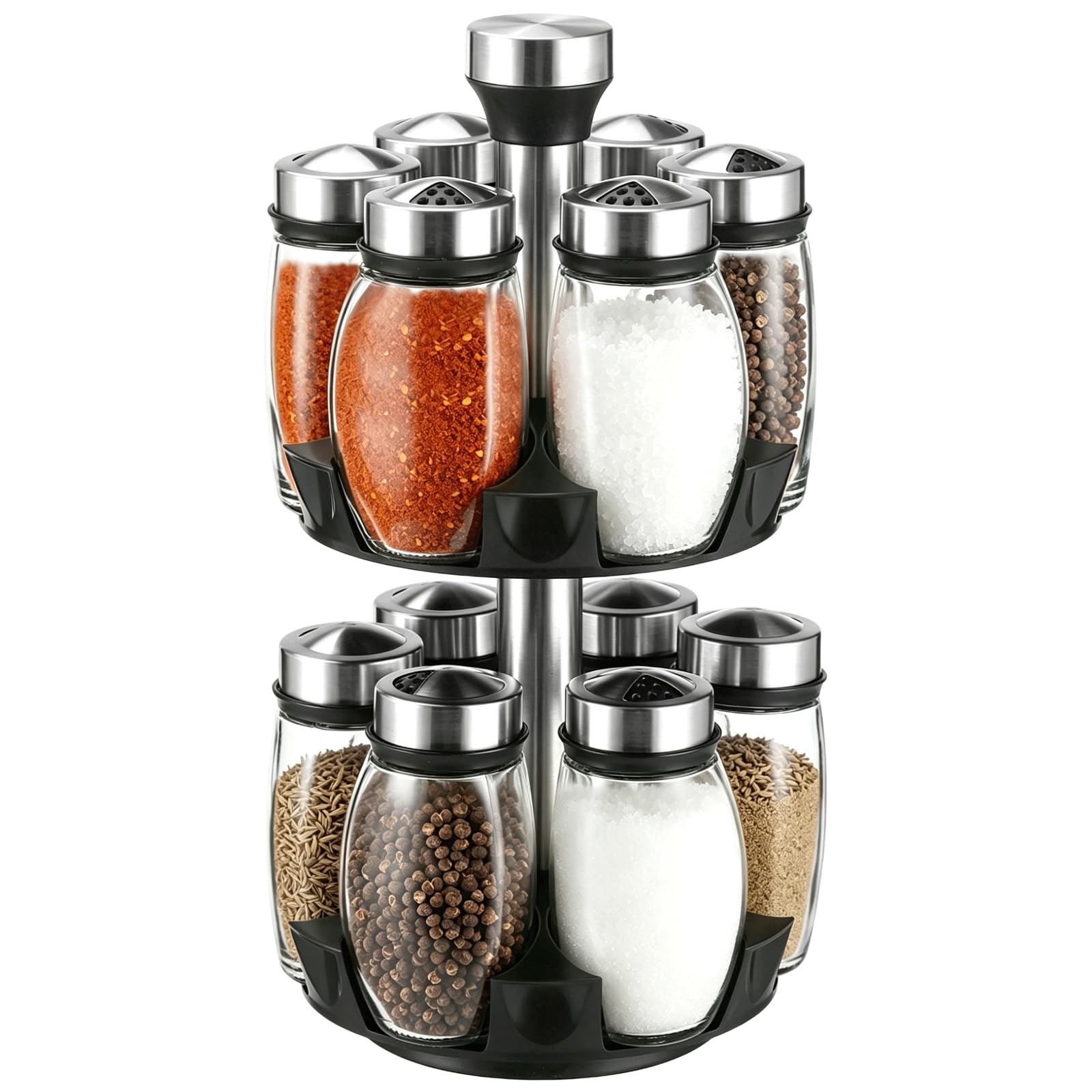Rangement à épices rotatif à 2 niveaux avec 12 bocaux en verre, plateau tournant 360°, support de cuisine pour plan de travail, contenants hermétiques avec étiquettes
