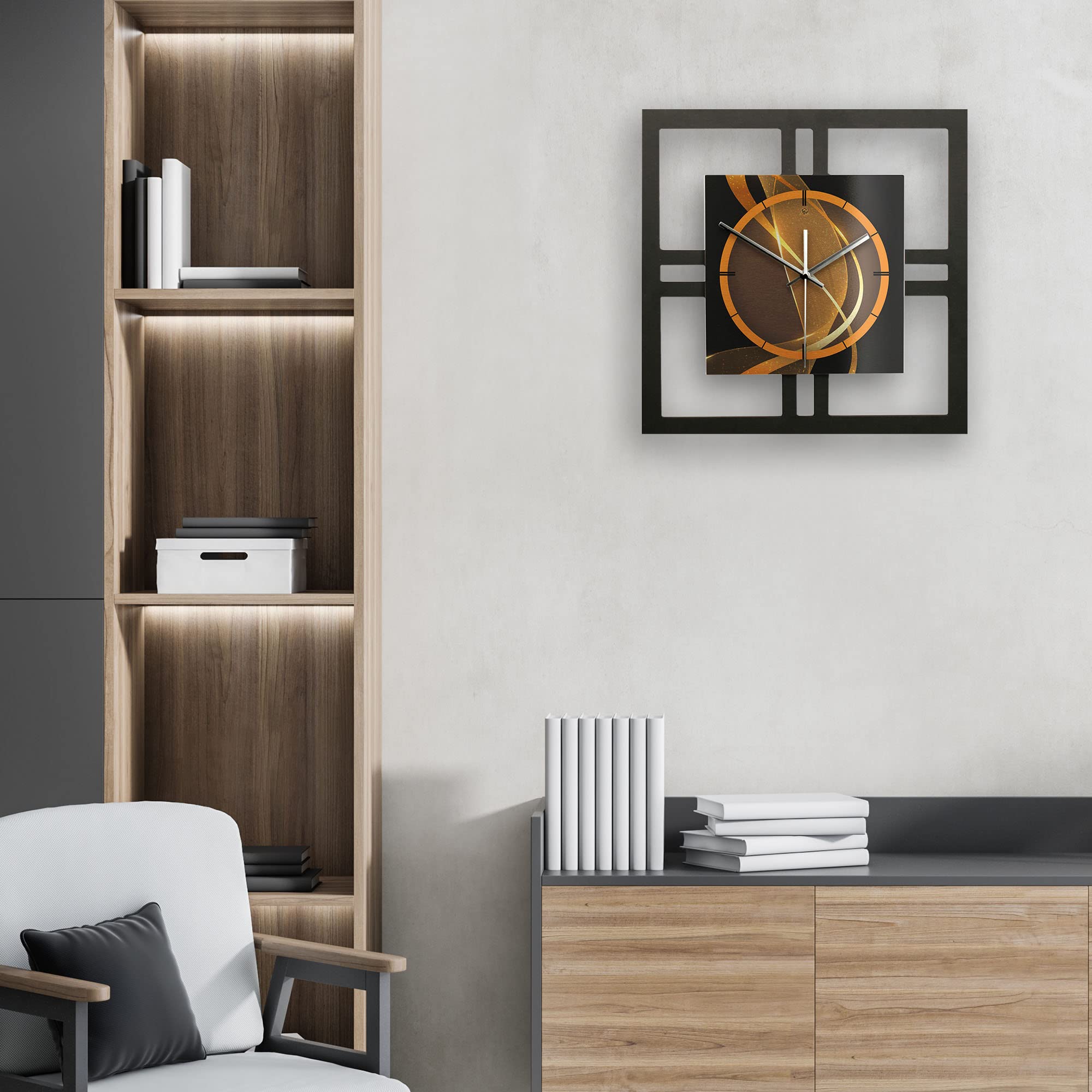 Kreative Feder Designer-WANDUHR „Dynamic“ 40x40cm schwarz-Gold in modernem Metallic-Look ohne Tickgeräusche (Dynamic, leises Funkuhrwerk)