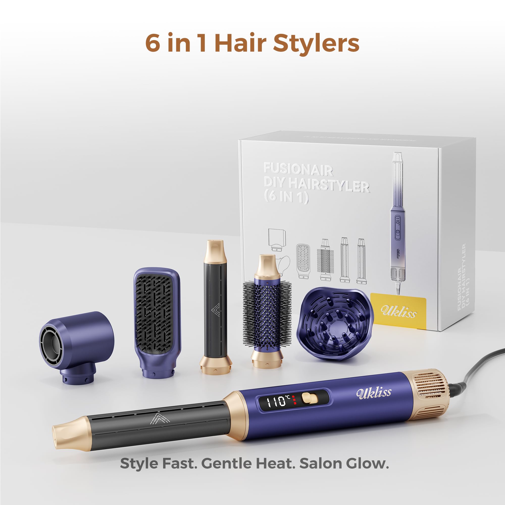 UKLISS 6 in 1 Airstyler,Professioneller Hairstyler mit Diffusor, Ionen Föhn mit Air Lockenstab,Föhnbürste,Volumenbürste,Glätteisen,zum Trocknen, Locken, Glätten der Haare,Multifunktionaler Hair Dryer