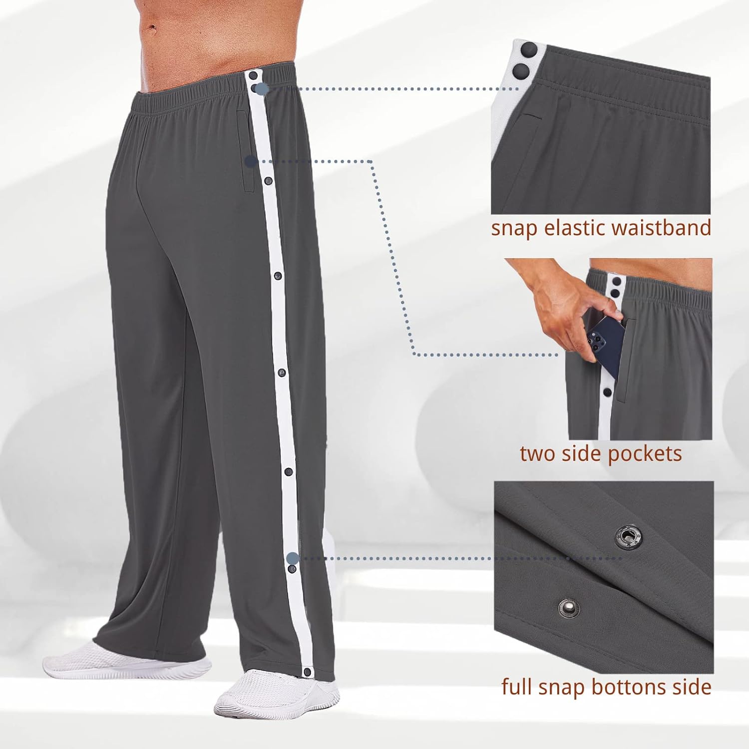 Deyeek Men's Tear Away Basketball Pants High Split Snap Button Casual Post-Surgery Sweatpants with Pockets - Image 4
