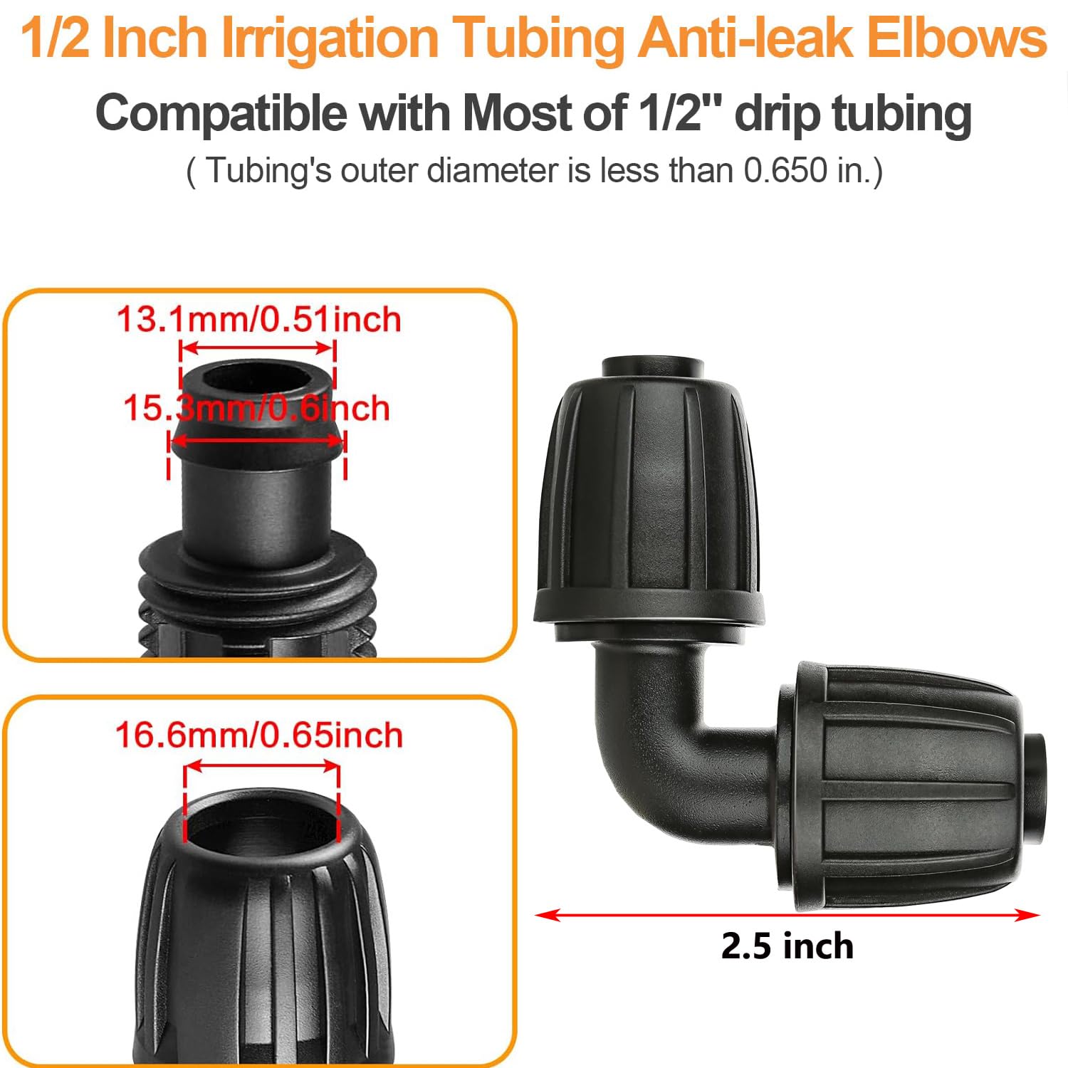 Accesorios de codo de riego por goteo, conector de codo de púas de bloqueo de 1/2 pulgada (1/2 pulgada de diámetro interior x 0.63 pulgadas de diámetro exterior), conector de riego por goteo