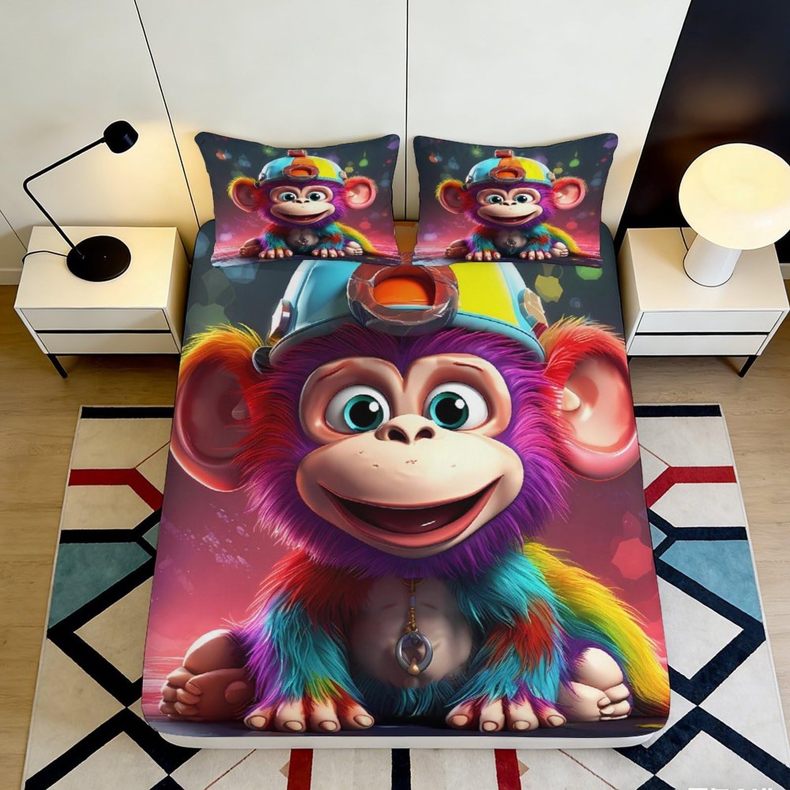 3D Printed Colourful Monkey Fitted Sheet Microfiber Soft Touch Wrinkle Resistant Bedroom Decor Guest Room Bedding 90x200x25cm