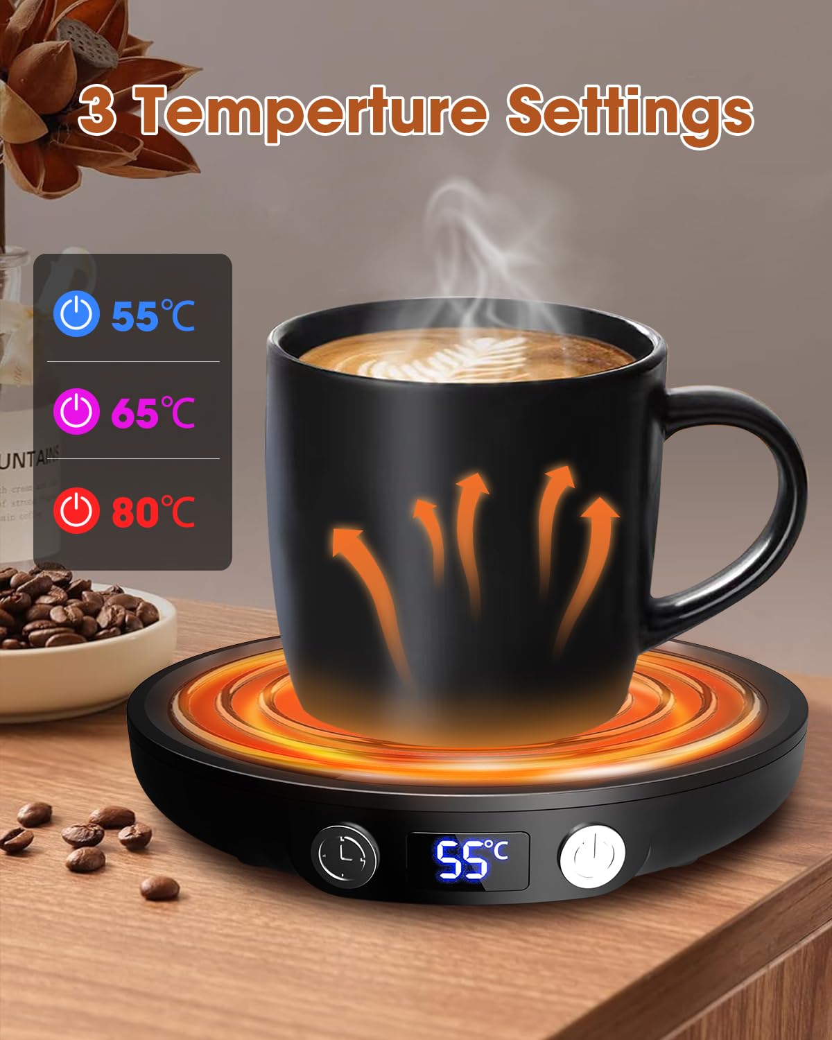 MQFORU, scalda tazze da caffè, scalda tazze con 3 livelli di temperatura, timer 2-12H, 4 ore, spegnimento automatico, piastra scalda bevande per caffè, tè, candela (Nero)