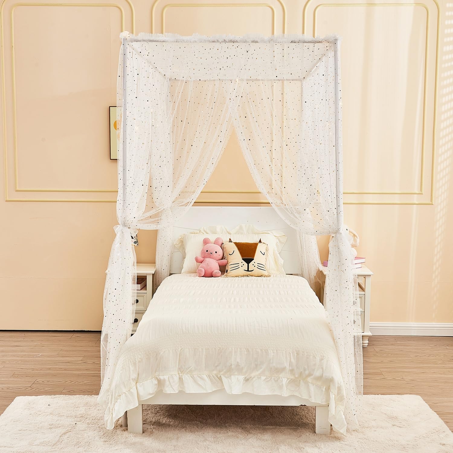 Weißer glänzender Betthimmel mit Lichtern für Mädchen und Kinder, 4 Eckpfosten, Mond, Sterne, Pailletten, Prinzessin, Betthimmel, Bettvorhänge für Schlafzimmer, Dekoration (voll, weiß)