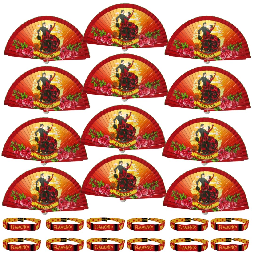 Pack 12 Abanicos Flamencos Plegables + 12 Pulseras de Tela con Diseño Alegre – Souvenir España | Regalos para Ferias, Fiestas de Pueblos, Despedida de Soltera, Eventos de Empresas...