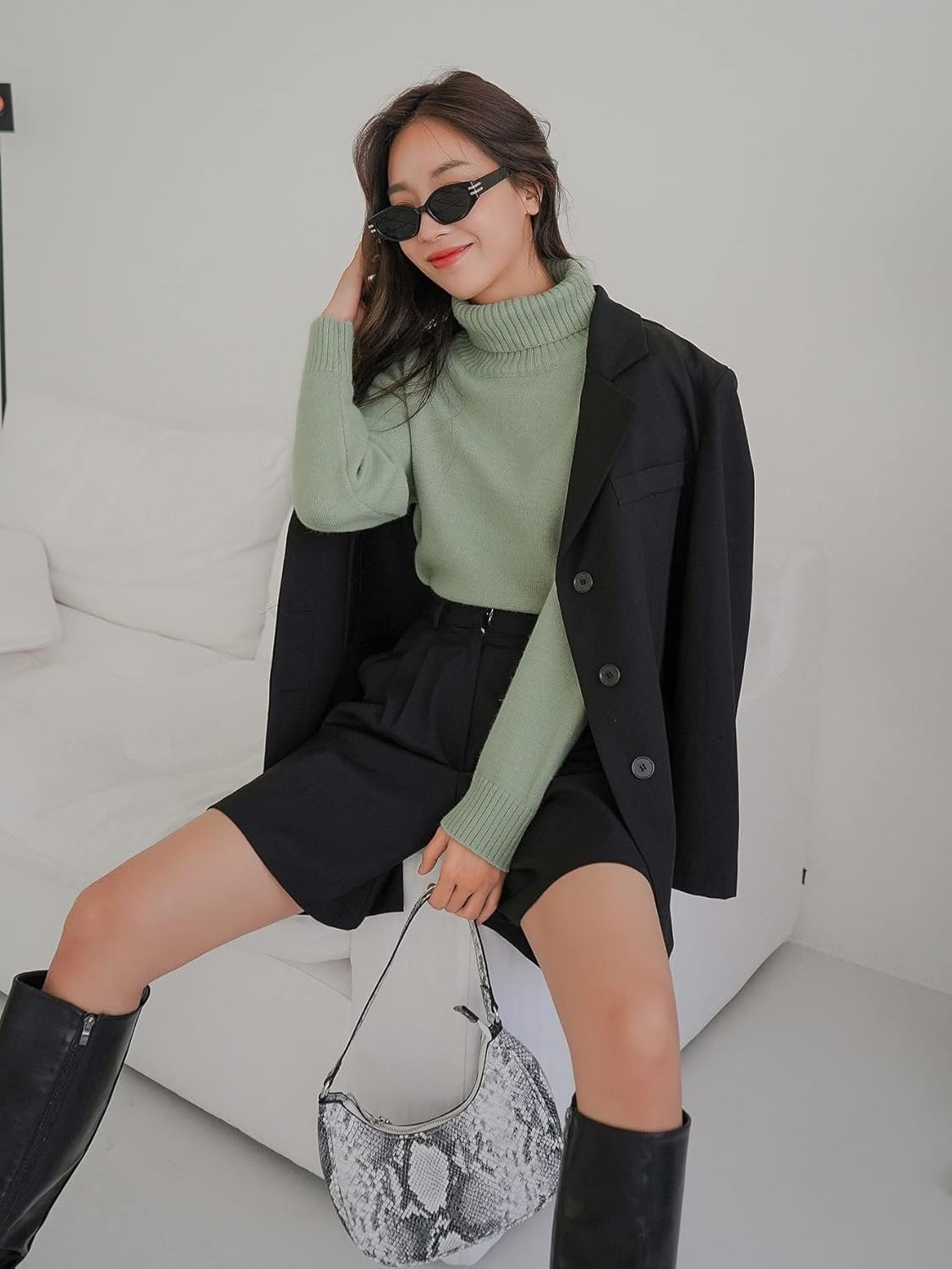 Women's Sweater Solid Turtleneck Drop Shoulder Sweater Sweater for Women (Color : Green, Size : Medium)