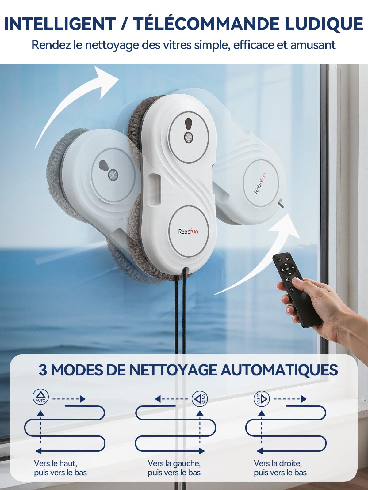 Robofun Robot Laveur de Vitre avec Moteur à Turbine, Ultra-Fin 63 mm, Nettoyage Double Hélice,Détection des Bords, 3 Modes de Nettoyage, pour Tous Types de Fenêtres