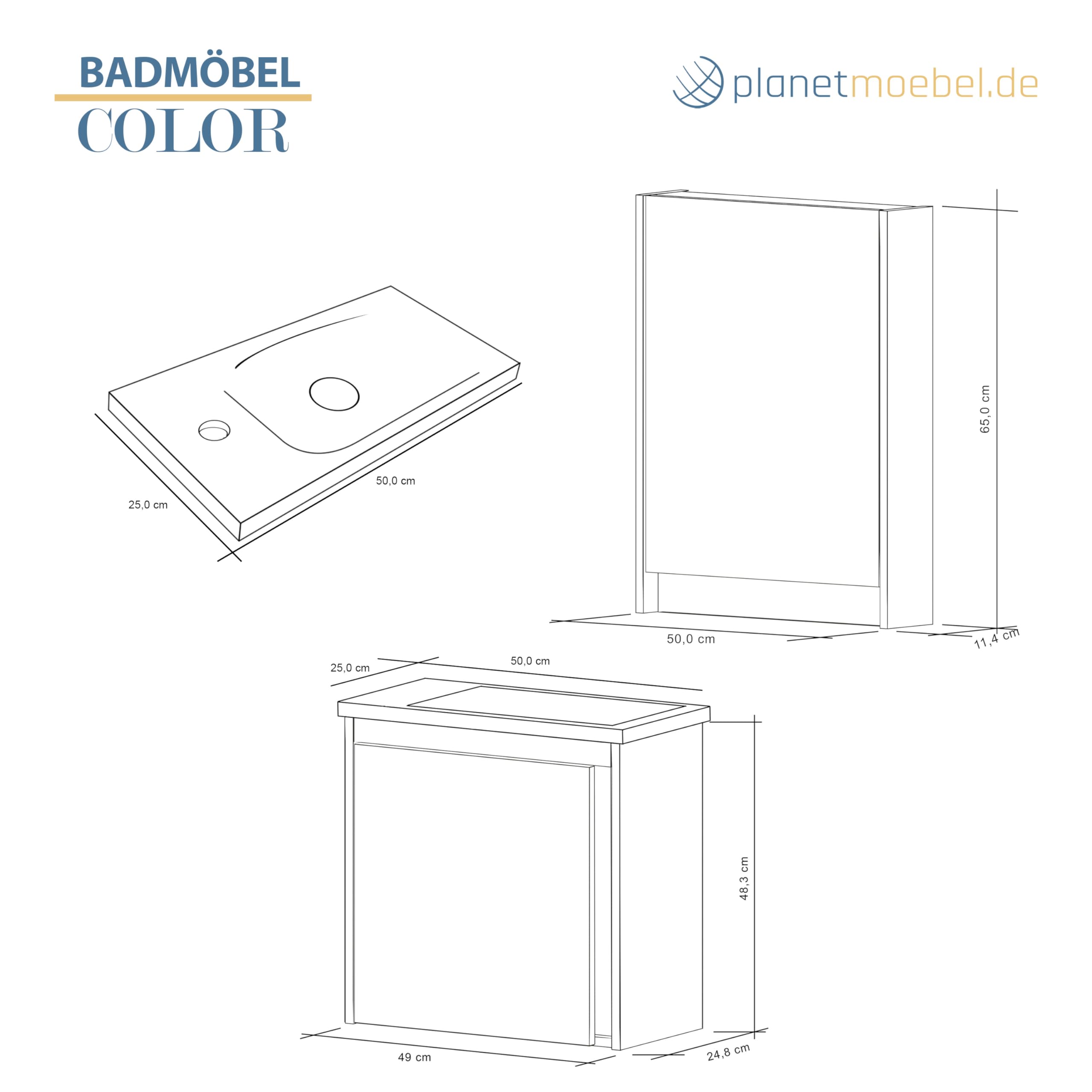 Planetmöbel Waschbecken mit Unterschrank 50 cm Wotan Eiche, Spiegelschrank Bad mit Beleuchtung 50 cm, Waschtisch Badmöbel Gäste WC Set, 2 teilig