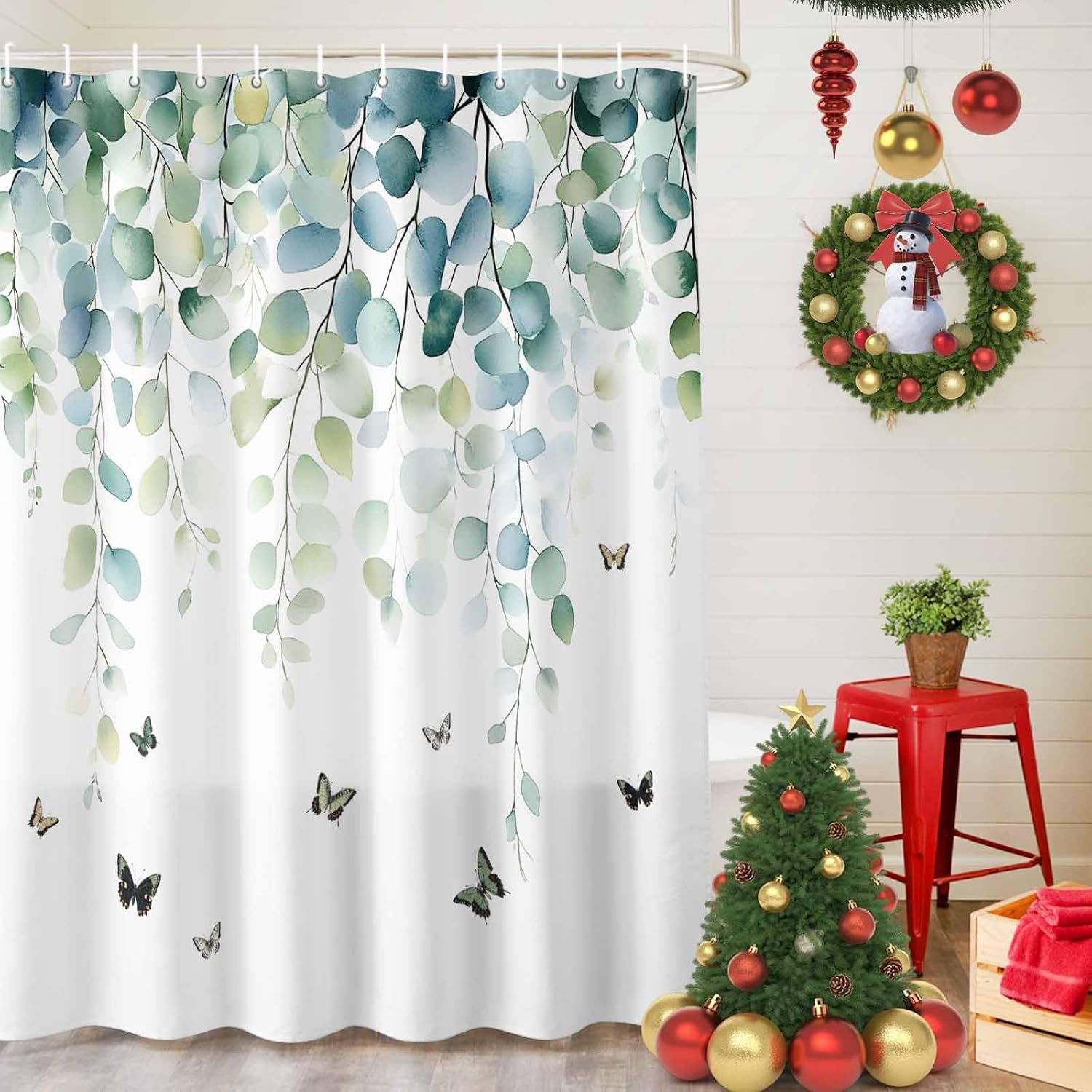72x78 Inch Shower Curtain Blue Green Eucalyptus Bathroom Decor, Waterproof Fabric Bathtub Bath Curtains Decorative Sage Gradient Leaves Butterfly Extra Long Shower Curtain Set with Hooks