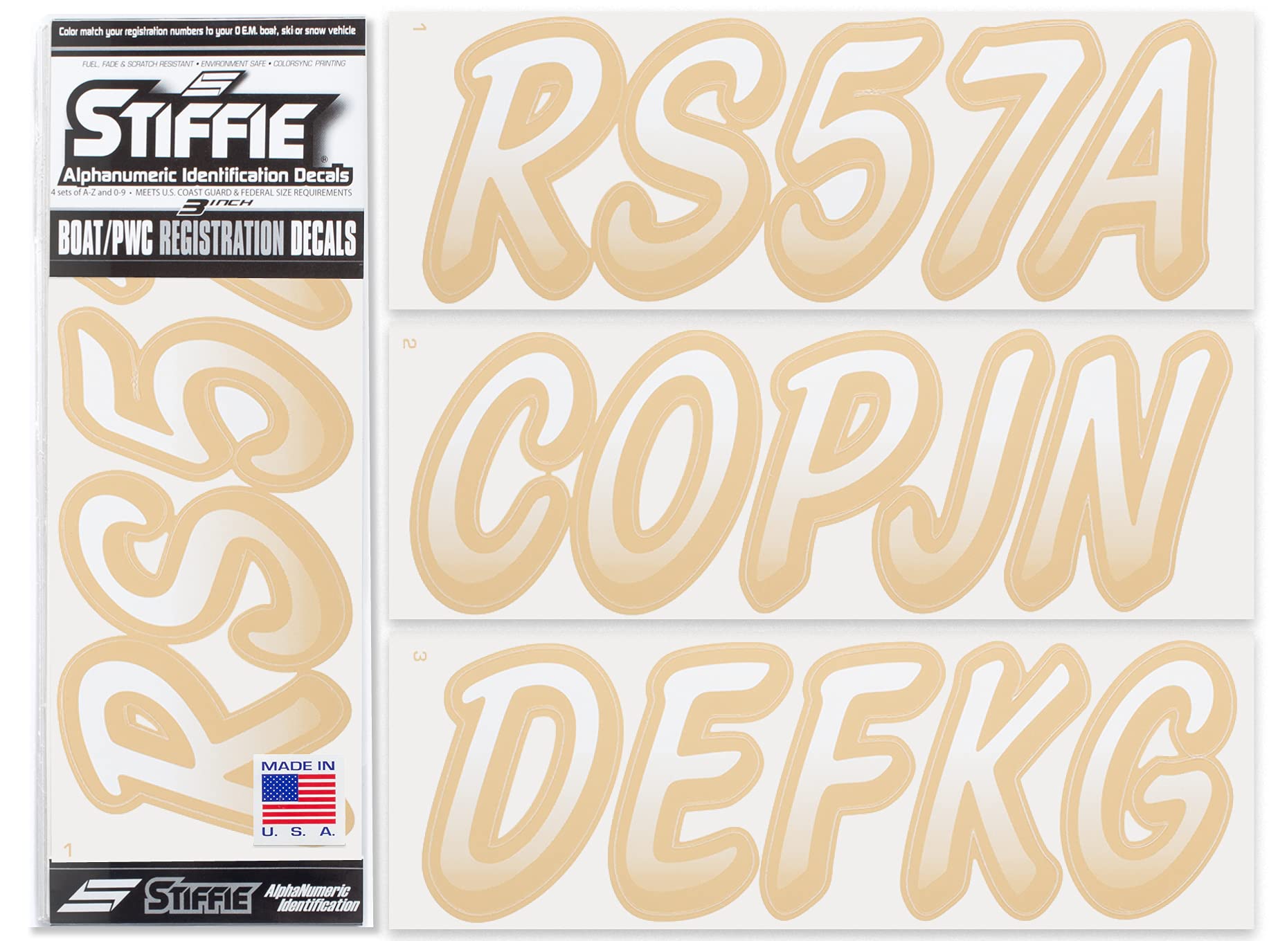 STIFFIE Whipline White/Tan 3" Boat &amp; PWC Registration Decals • Numbers Letters Stickers