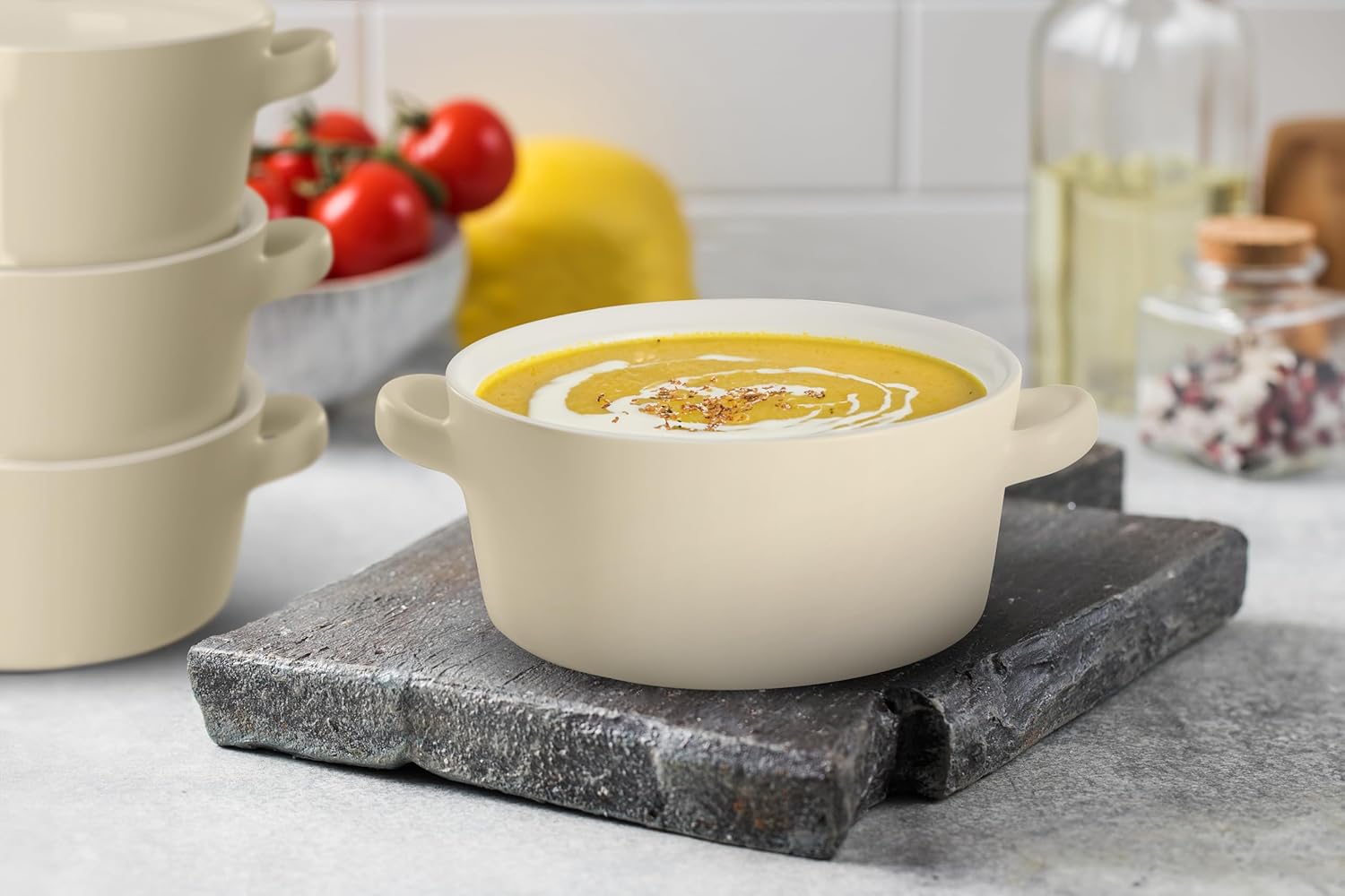 Kook Soup Crocks, Ceramic Stackable Bowls, Broil, Oven, Microwave and Dishwasher Safe, with Handles, For Casserole, Pasta, Cereal, Capacity 18 oz, Set of 4 (Ivory)