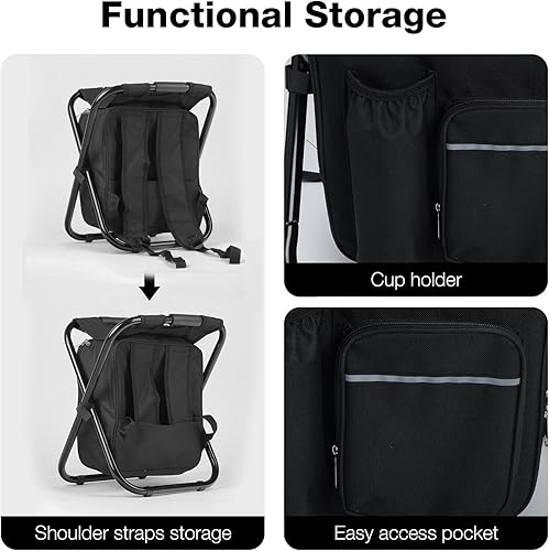 Miniatura 6 de Taburete ligero enfriador de mochila resistente 350 libras para adultos, taburete de campamento plegable con enfriador aislado de 15 litros para