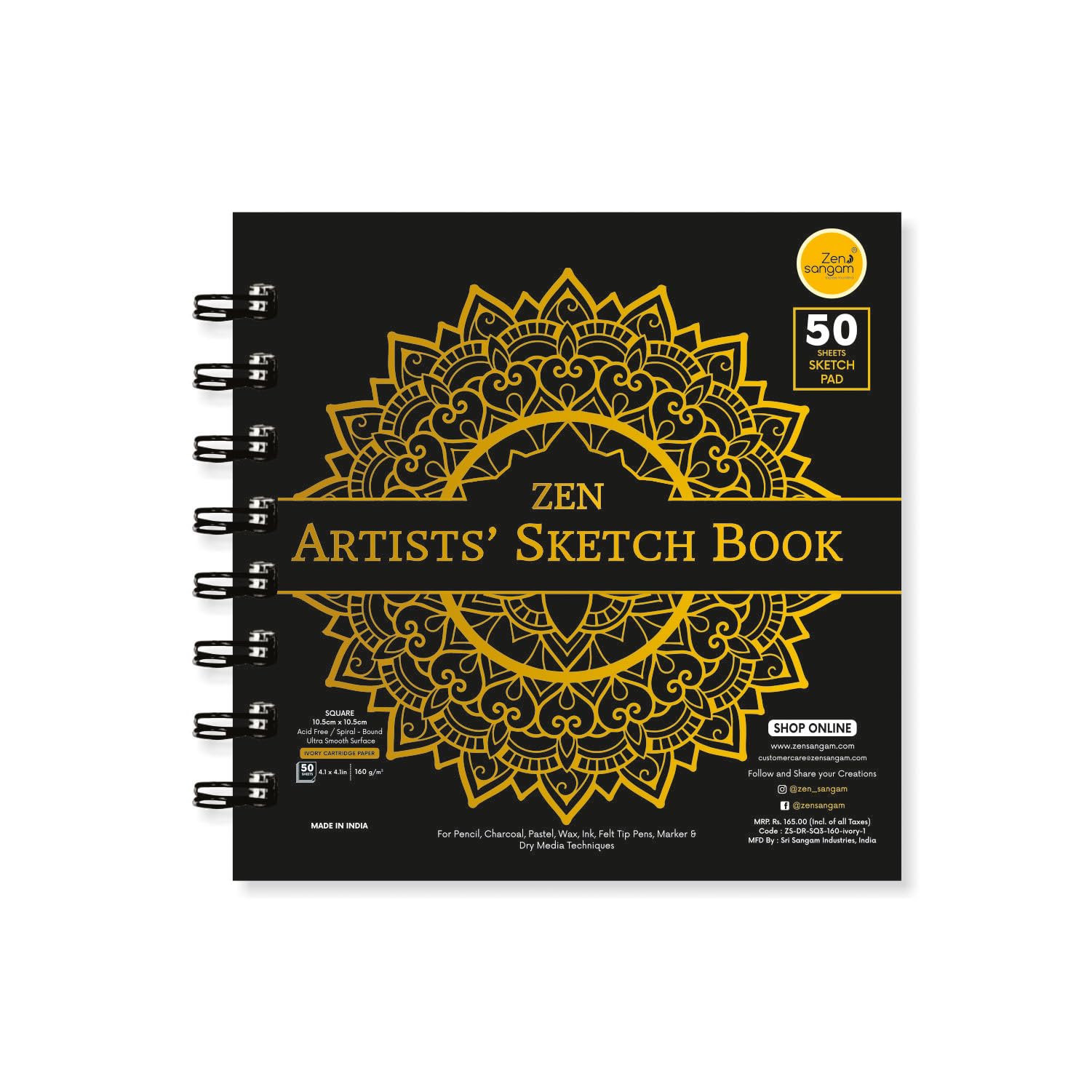 Zen Sangam Artists’ - Square Spiral Sketchpad Drawing Notebook - 160 GSM - Ultra Smooth Surface - 50 Sheets (100 Pages) - Size (10.5cmx10.5cm) - Wiro Sketchbook-image-1