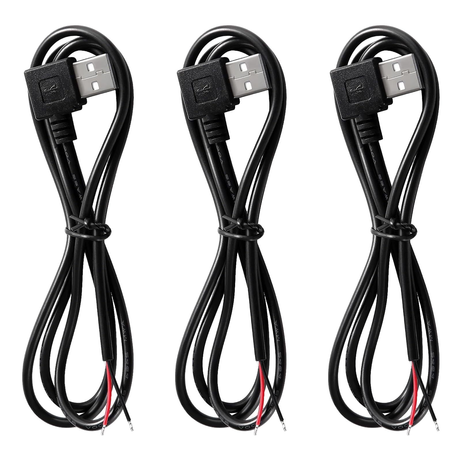 MejaRizon 3 Stück USB-A Stecker, 90 Grad Pigtail offenes Ende Stromkabel 5V 3A 100cm 1m 2-poliger Draht DIY Pigtail-Kabel, für USB Geräte Installed oder DIY Replace Repair Cable