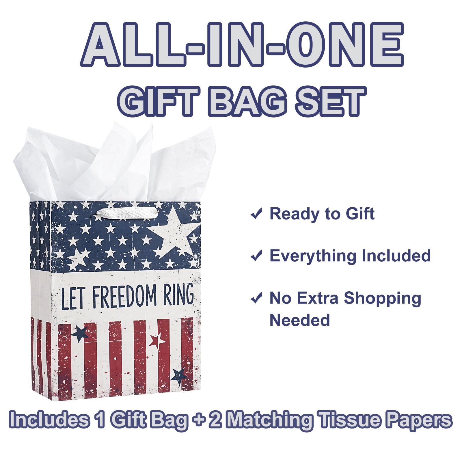 LeZakaa 13" Patriotic Gift Bag with Tissue Paper, Let Freedom Ring American Flag Gift Bag for 4th of July Independence Day Party Gifts, Memorial Day, 13" x 10" x 5", 1 Pc