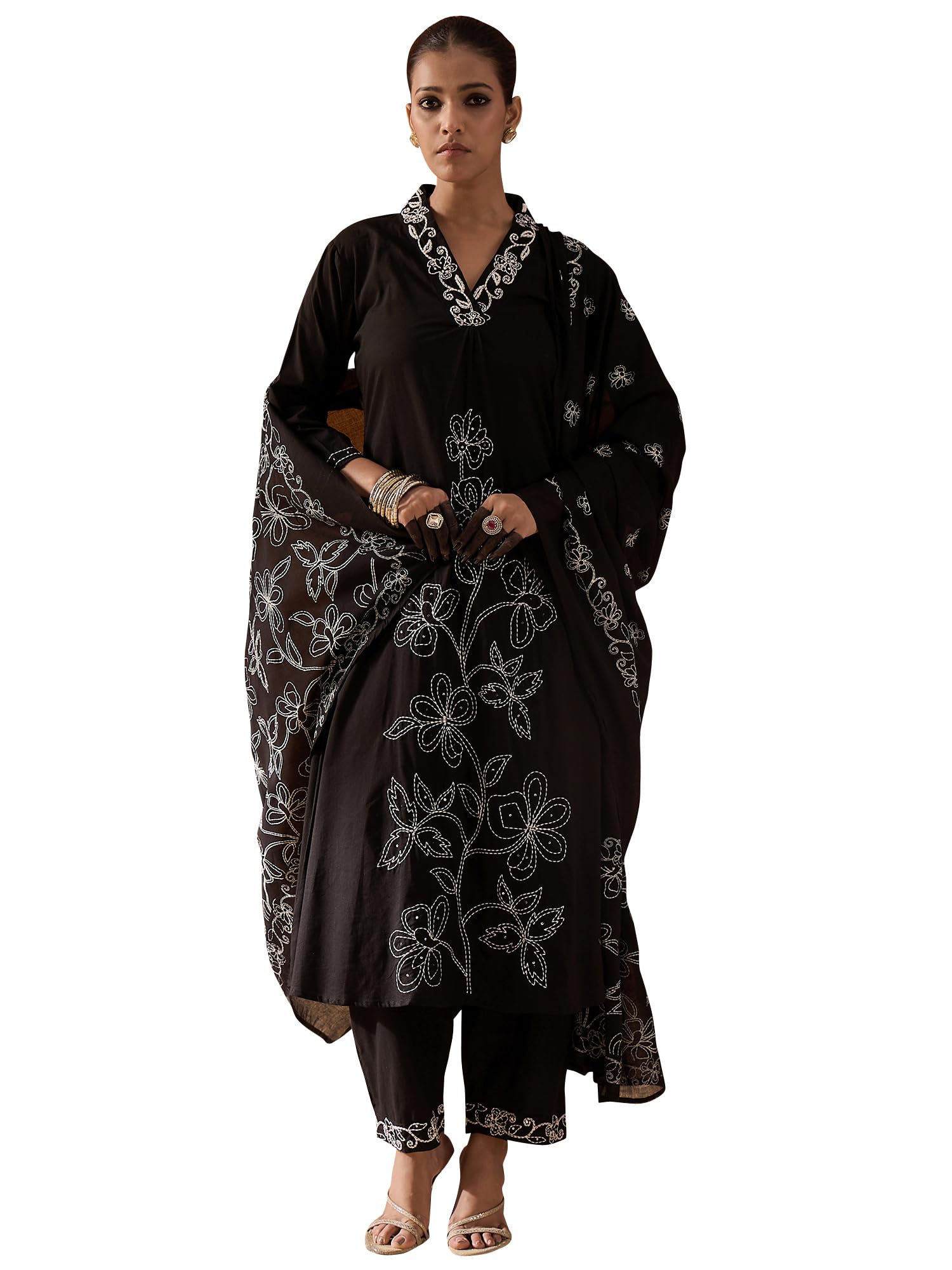 indo era Women's A-Line Pure Cotton Floral Embroidered Kurta & Pant with Dupatta Set (KH0PR10653)-picture-50