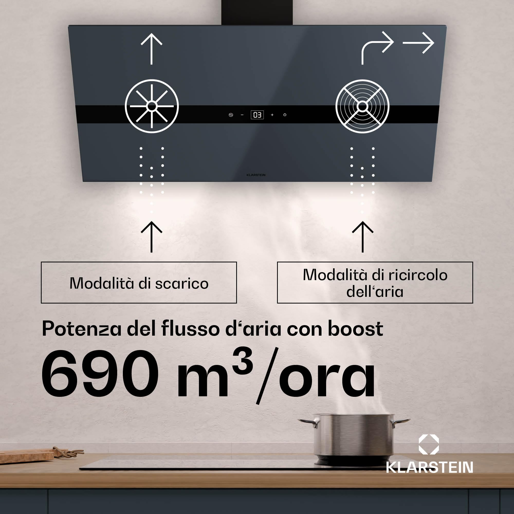 Klarstein WiFusion - Cappa da Cucina, 90cm, Cappa Aspirante, 690 m³/ora, Controllo WiFi & Touch, LED 6000-6500K, Efficienza Energetica A++, Motore: 110W, Grigio-Blu