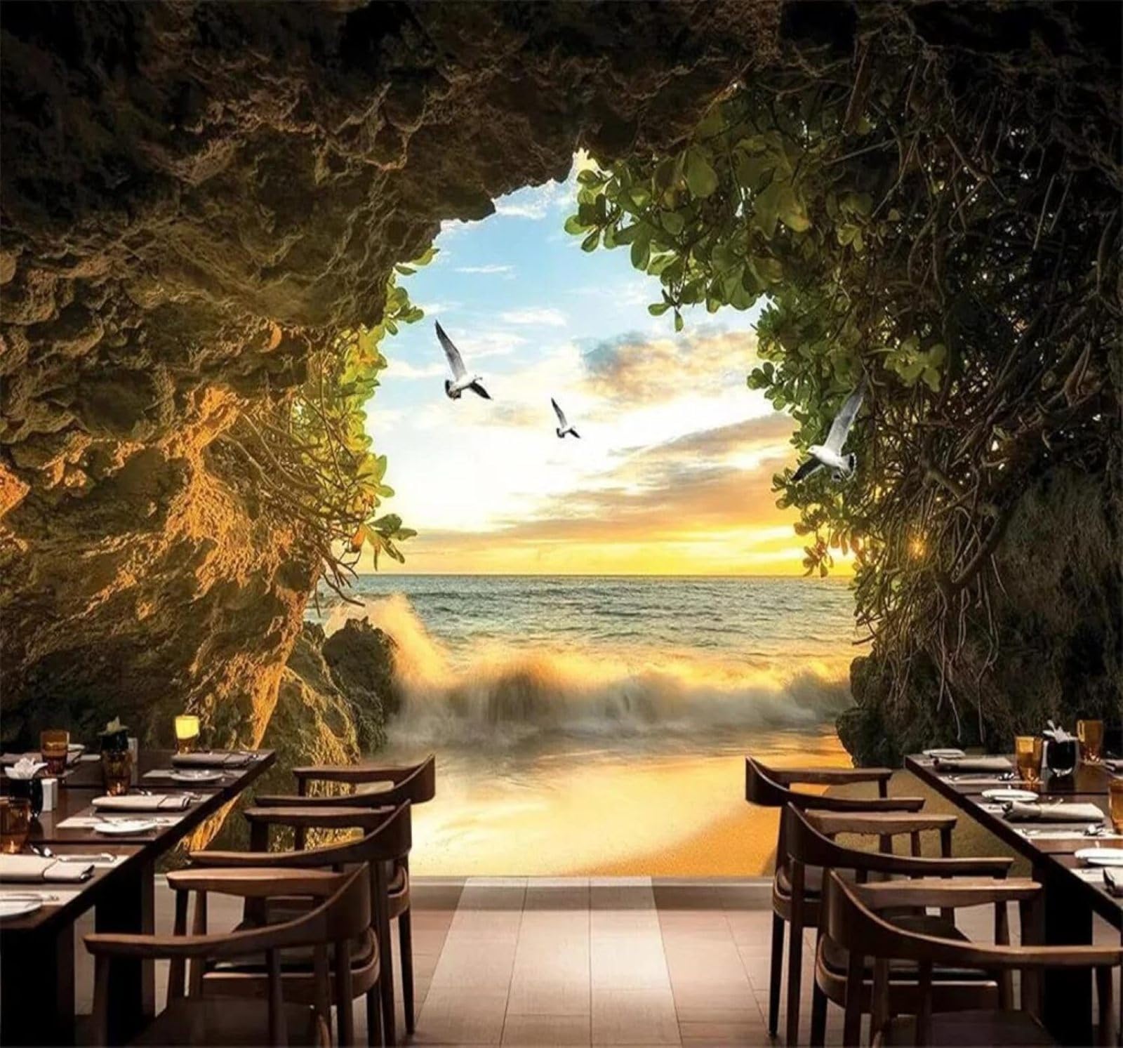 Tzxztt Three Dimensional Cave Seagull Ocean Seascape Modern 3D Wallpaper Premium Textured Silk Neutral Tones Material Ideal for Living Room Bedroom-200cm×140cm