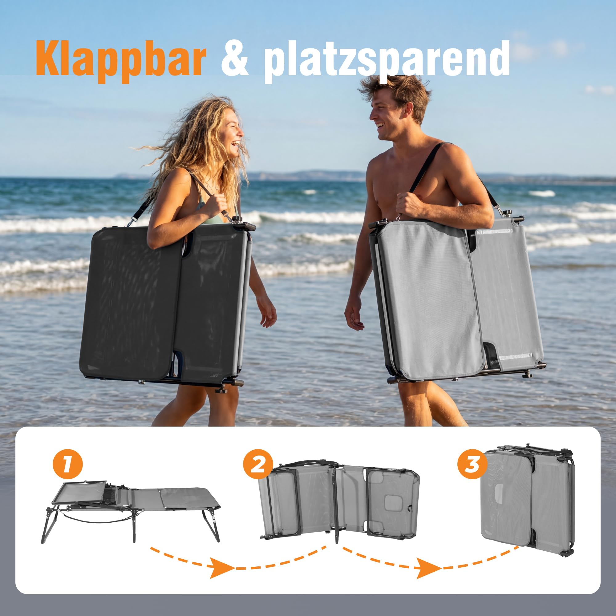 Homecall XXL Sonnenliege mit Gesichtsöffnung & Sonnendach, 200 x 70 cm Gartenliege für Bequeme Bauchlage, klappbarer Liegestuhl mit 4-Fach Verstellbarer Rückenlehne, bis 180 kg (1, Hellgrau)