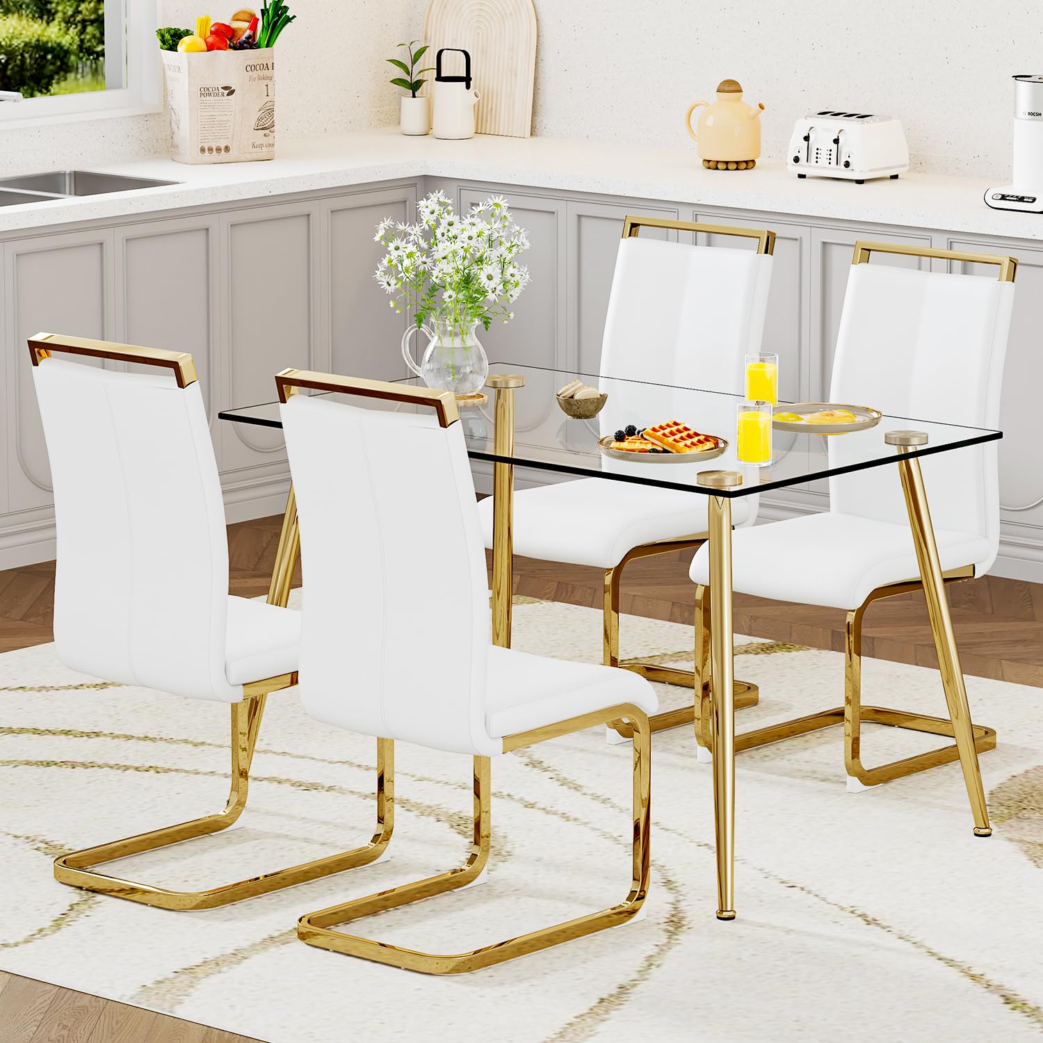 Ebullient 5-Piece Glass Dining Table Set For 4 - Modern Rectangle Table With 4 PU Leather Chairs - View #8