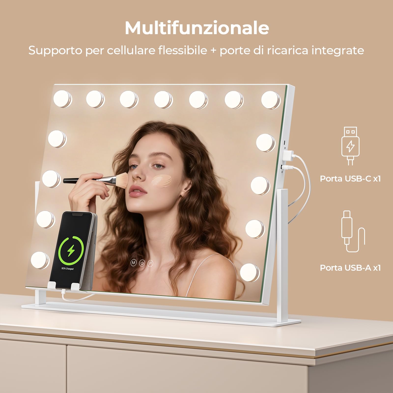 Dripex Specchio da Trucco con Luci Hollywood 15 LED, 46Lx62l cm, Rotazione a 360°, 3 Temperature di Colore, Regolazione Luminosità, Supporto per Telefono Rimovibile, Superficie Specchio: 43Lx58l cm