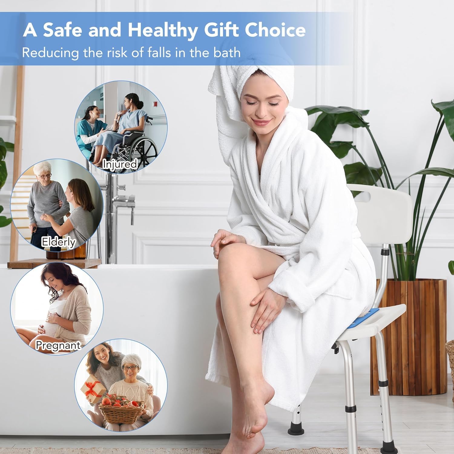 Careboda krzesło prysznicowe, 6 wysokości, montaż bez użycia narzędzi | Alum bath chair, 6 ht tool-free, soft cushion, non-slip, 136kg, elderly/pregnant/disabled.