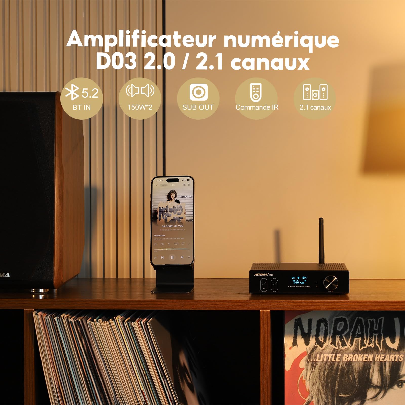 AIYIMA D03 Bluetooth 5.2 150W x 2 STEREO HIFI 2.1 CH Numérique Sound Amplificador 24bit / 192kHz Classe D Amplificateur d'alimentation USB DAC Coaxial Optical OLED OLED APTX SUBWOOFER