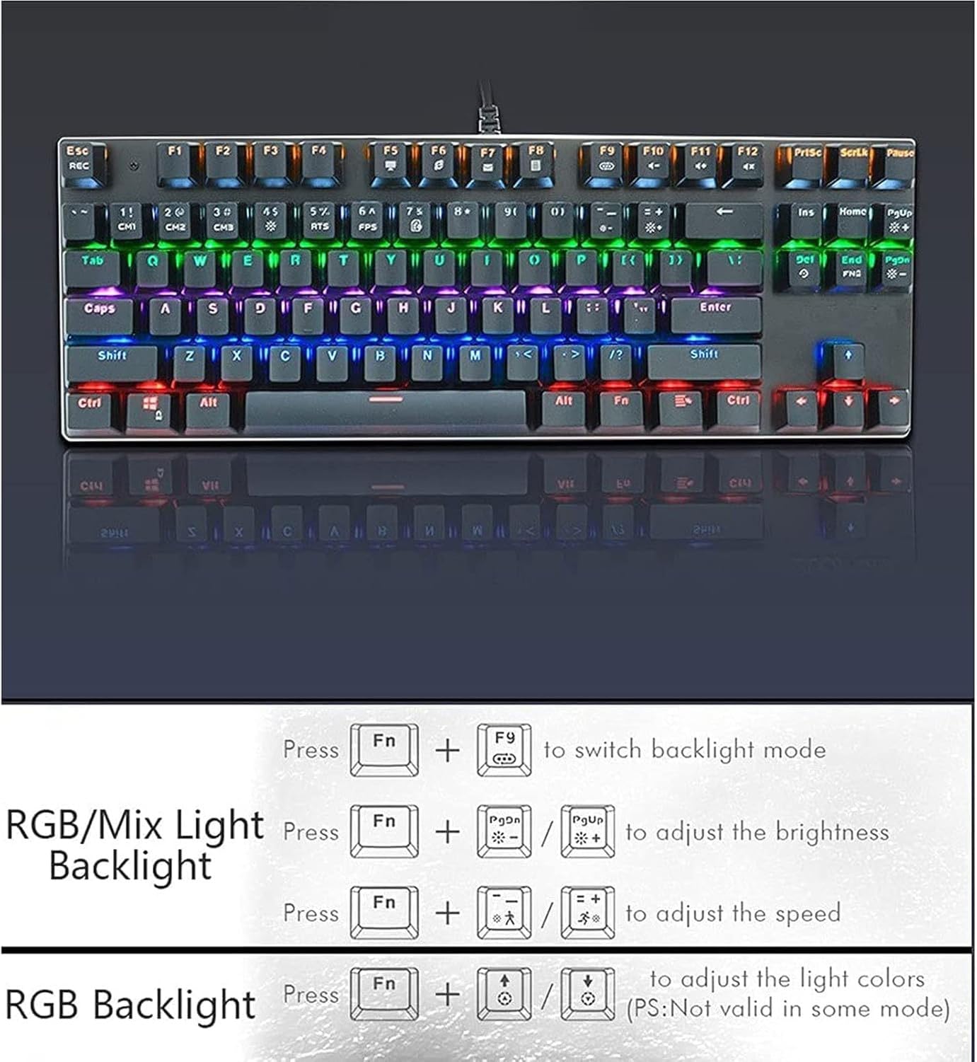 Tastiera Meccanica Gaming Compatta 87 Tasti, Computer PC con Retroilluminazione LED Arcobaleno per Giocatori