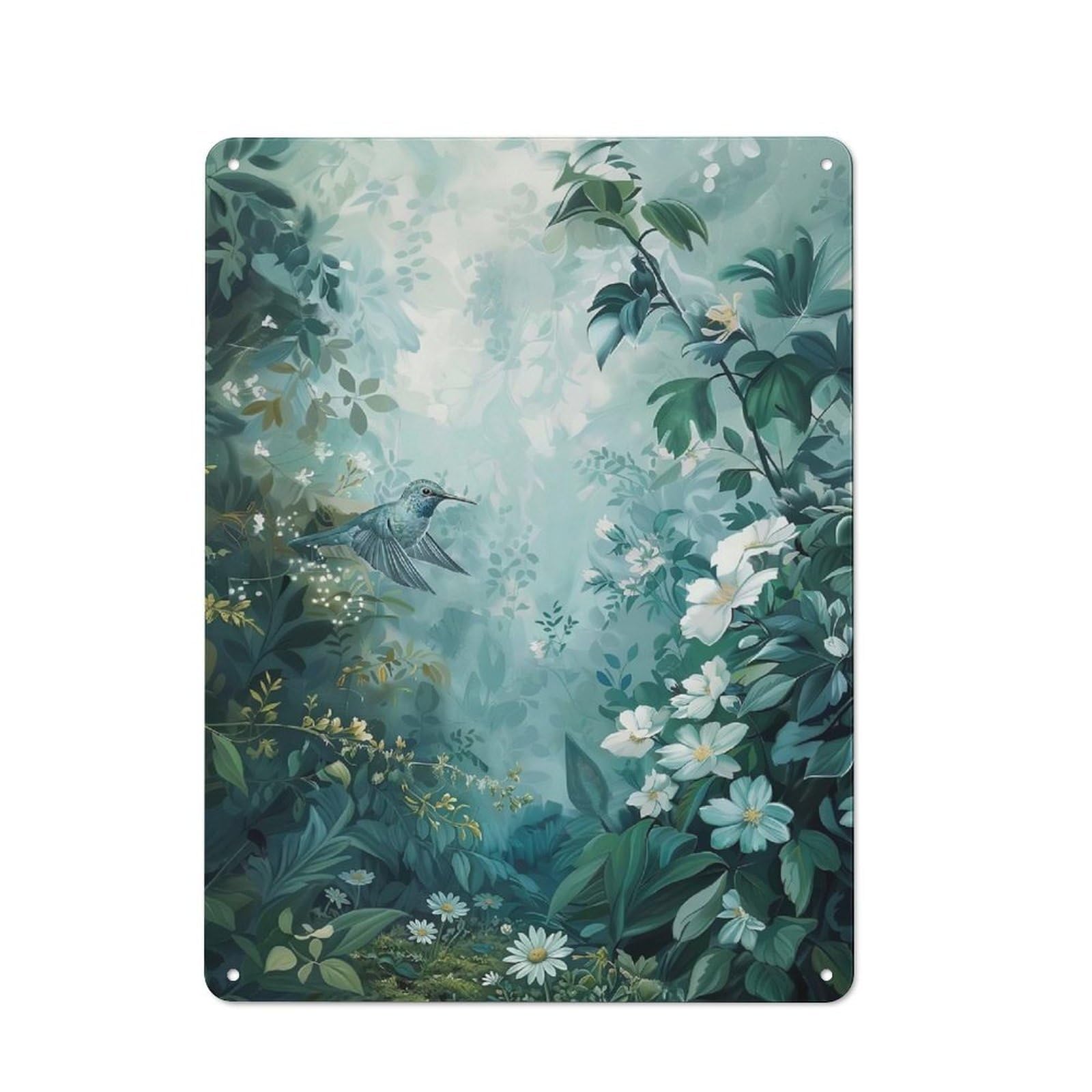 Junmoney Style-17 Tin Wall Plaque 40X30cm With Hummingbird In A Lush Garden For Bar Or Restaurant, For Hospitality Decor Collectors