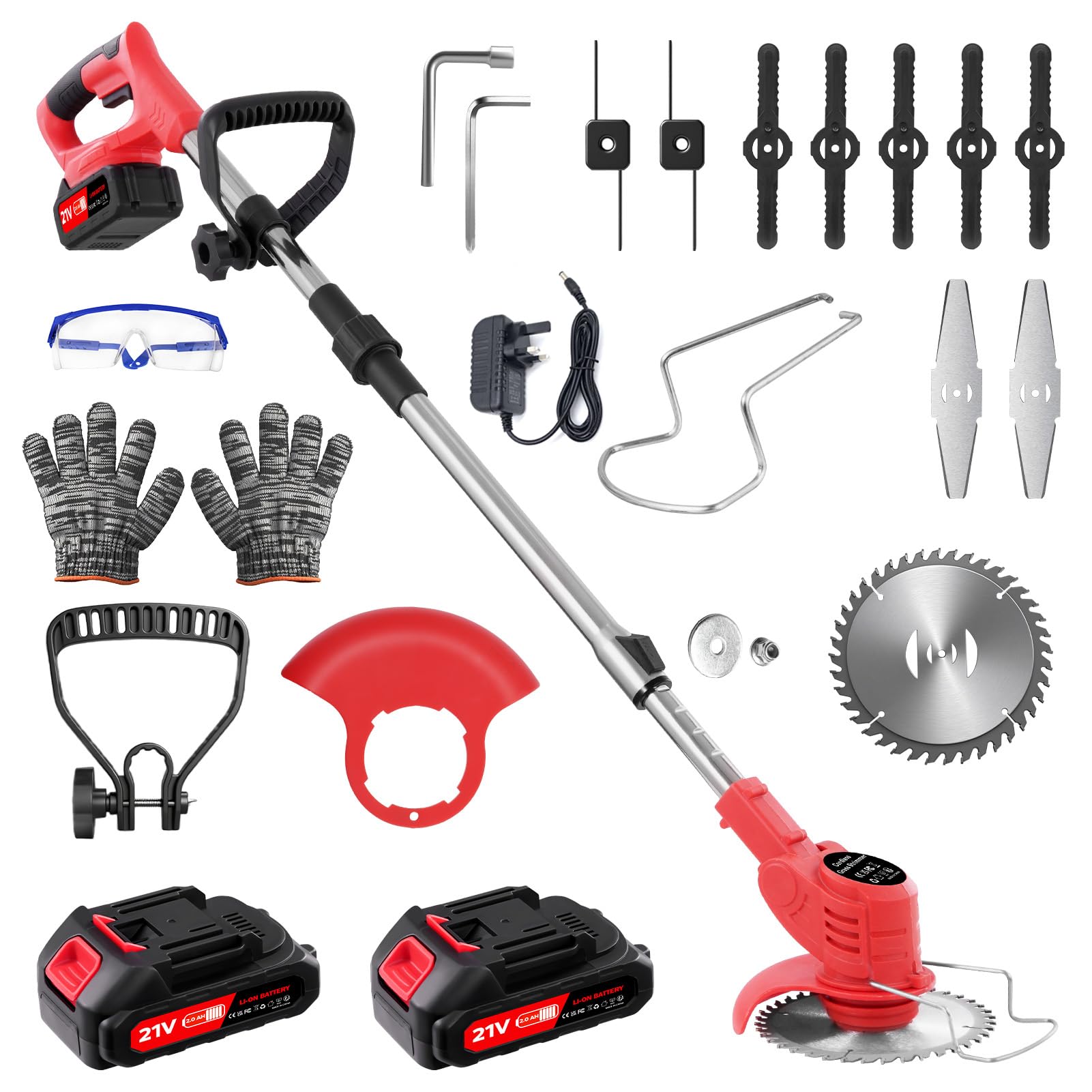 Cordless Strimmers, 21V Electric Garden Grass Strimmer with Metal Blades, Telescopic Rechargeable Lightweight Garden Trimmer with 2 X 3000mAh Battery and Charger, Suitable for Gardens, Lawns, Bushes