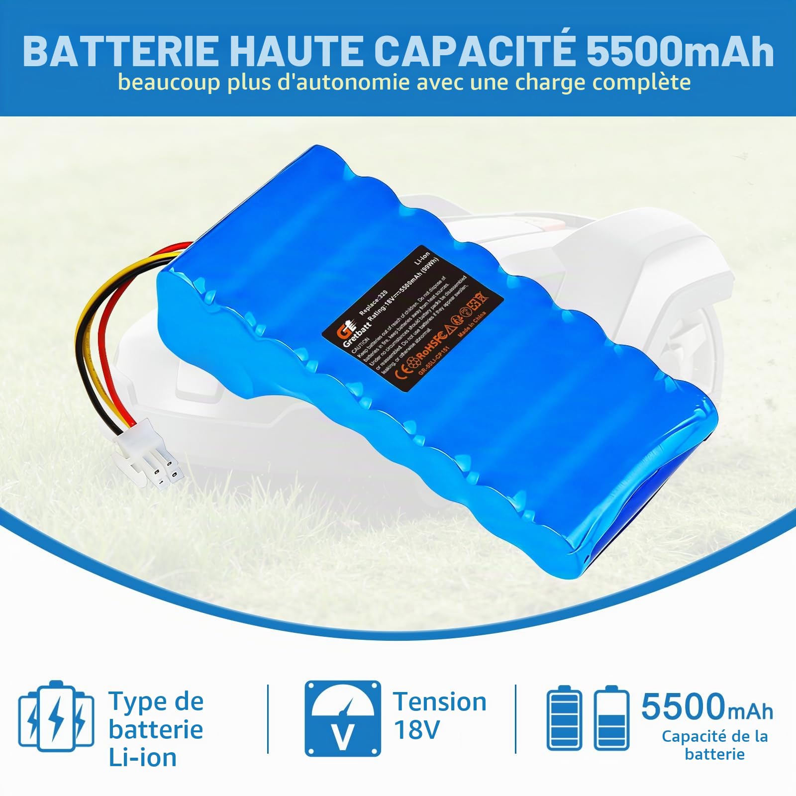 18V 5500mAh Batterie pour Robot Tondeuse, Remplacement pour Batterie 580 68 33-01,580 68 33-02.Batterie de Rechange pour Husqvarna Automower 320, 330X, 420, 430, 440, 450X, 520, 550