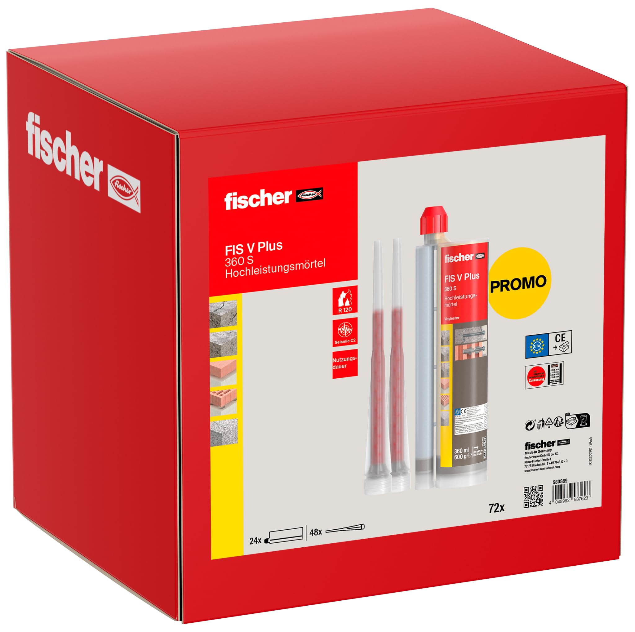 fischer Hochleistungsmörtel FIS V Plus 360 S im Umkarton, Injektionsmörtel mit ETA-Zulassung, für Beton und Mauerwerk, auch für wassergefüllte Bohrlöcher, 24 x 360 ml Kartuschen und 48 x Statikmischer