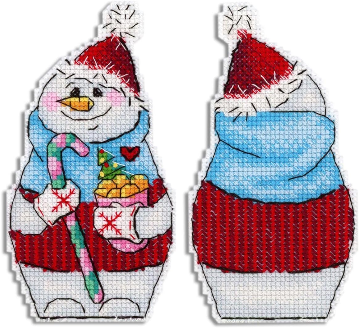 MP Studia Cross Stitch Embroidery Kits for Adults and Beginners Winter - Snowman with Sweets 13x7cm/5.12x2.76 14ct.