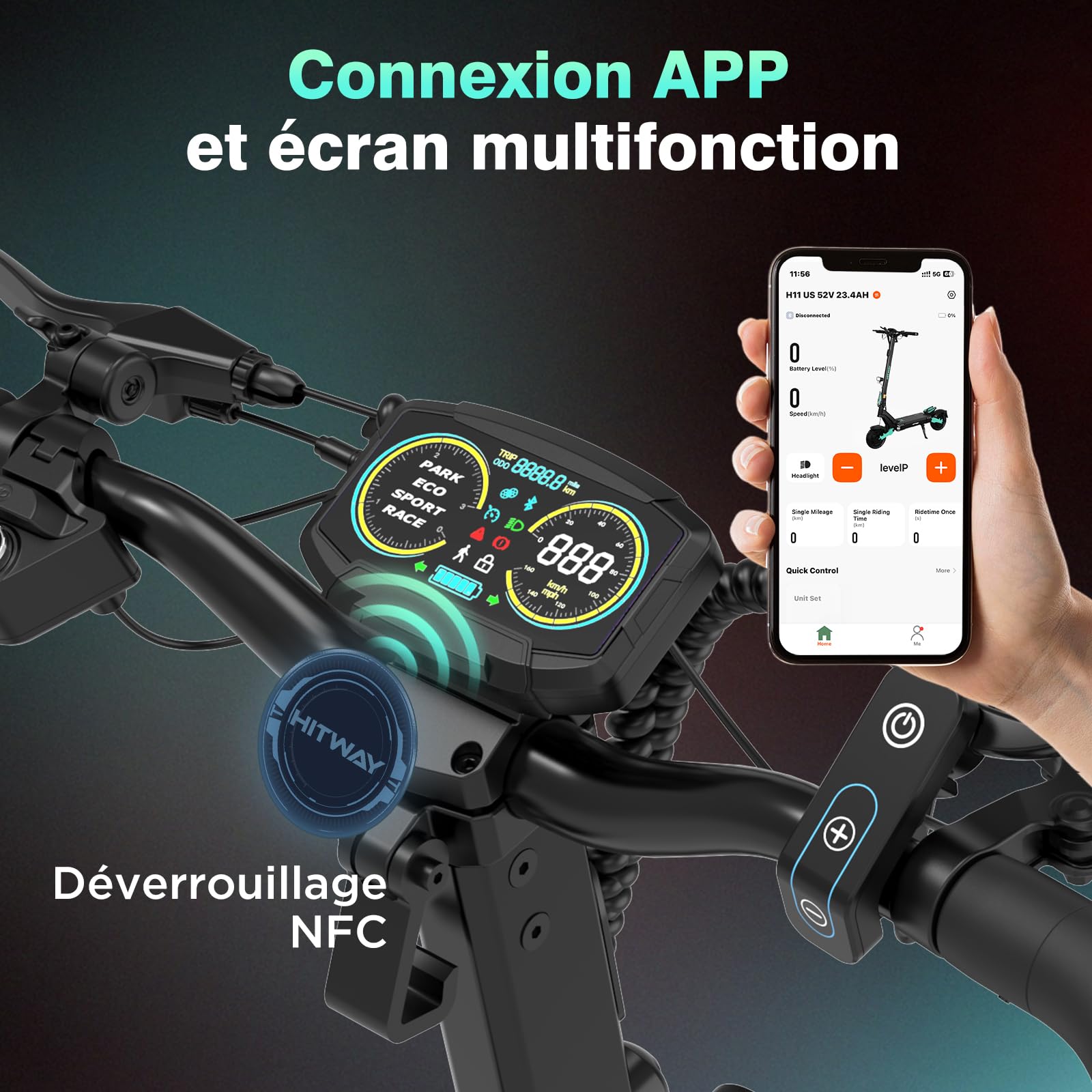 HITWAY H11 Trottinette Électrique Adulte 2 * 1600W - Autonomie 110KM, Batterie 52V 23.4Ah - Scooter Tout-Terrain 10 Pouces Tubeless - Double Suspension, Max 120kg - Pliable - APP et NFC