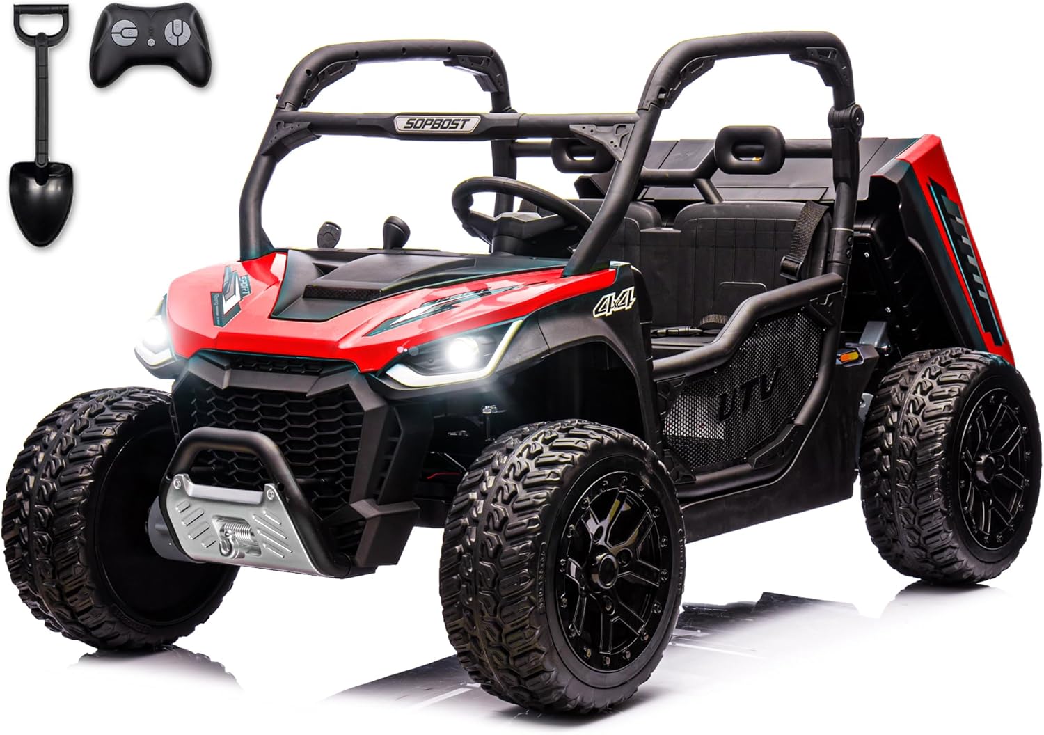 2 Seater 24V 10Ah Kids UTV Ride On Dump Truck with EVA Tires Ride on Toys for Big Kids with Remote Control 4WD Ride on Car Side by Side Truck with Electric Dump Bed, Shovel, Blue & Black
