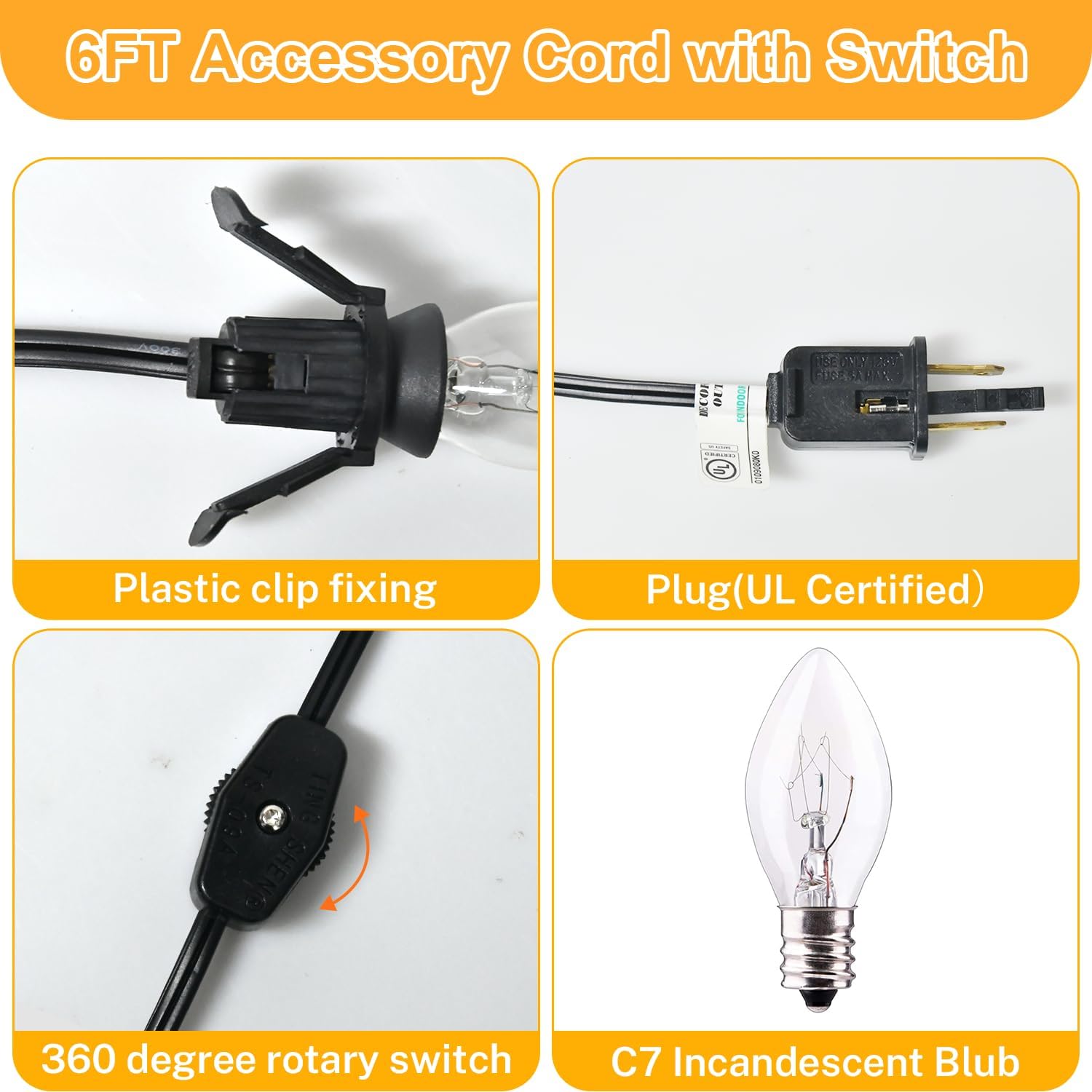 PASUTO 4 Pack 6FT Accessory Cord with 4+4 C7 Light Bulbs Candelabra-Base E12 Socket Black Cord Clip Lights with 360 Degrees On/Off Switch Plugs for Holiday Decorations Halloween Christmas Decorations