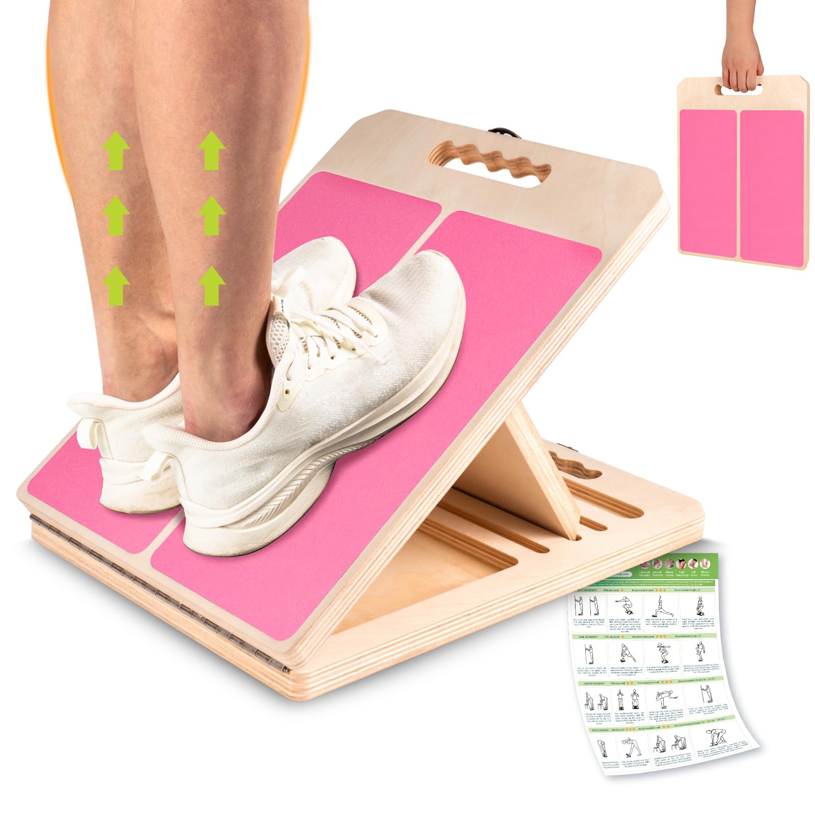 Tabla inclinada para estirar pantorrillas, tabla inclinada de madera portátil ajustable para estirador de pantorrillas con póster de entrenamiento, capacidad de peso de 300 libras, cuña elástica para