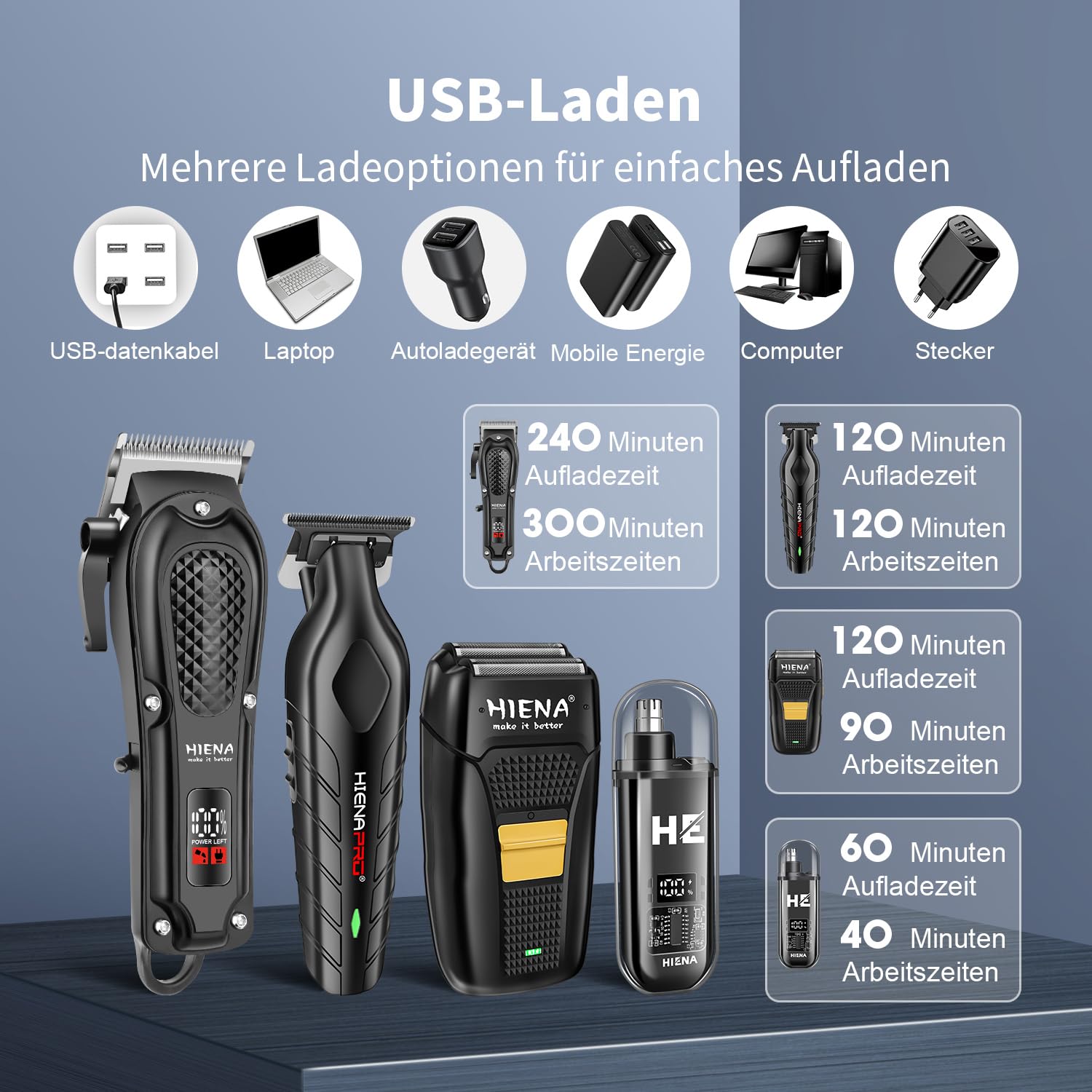 HIENA Professionelles Haarschneideset für Männer, Schnurloses Barbierschneideset und Trimmer Set, USB aufladbares elektrisches Barttrimmer & Nasenhaartrimmer Set, Folienrasierer & Männergesichtspflege