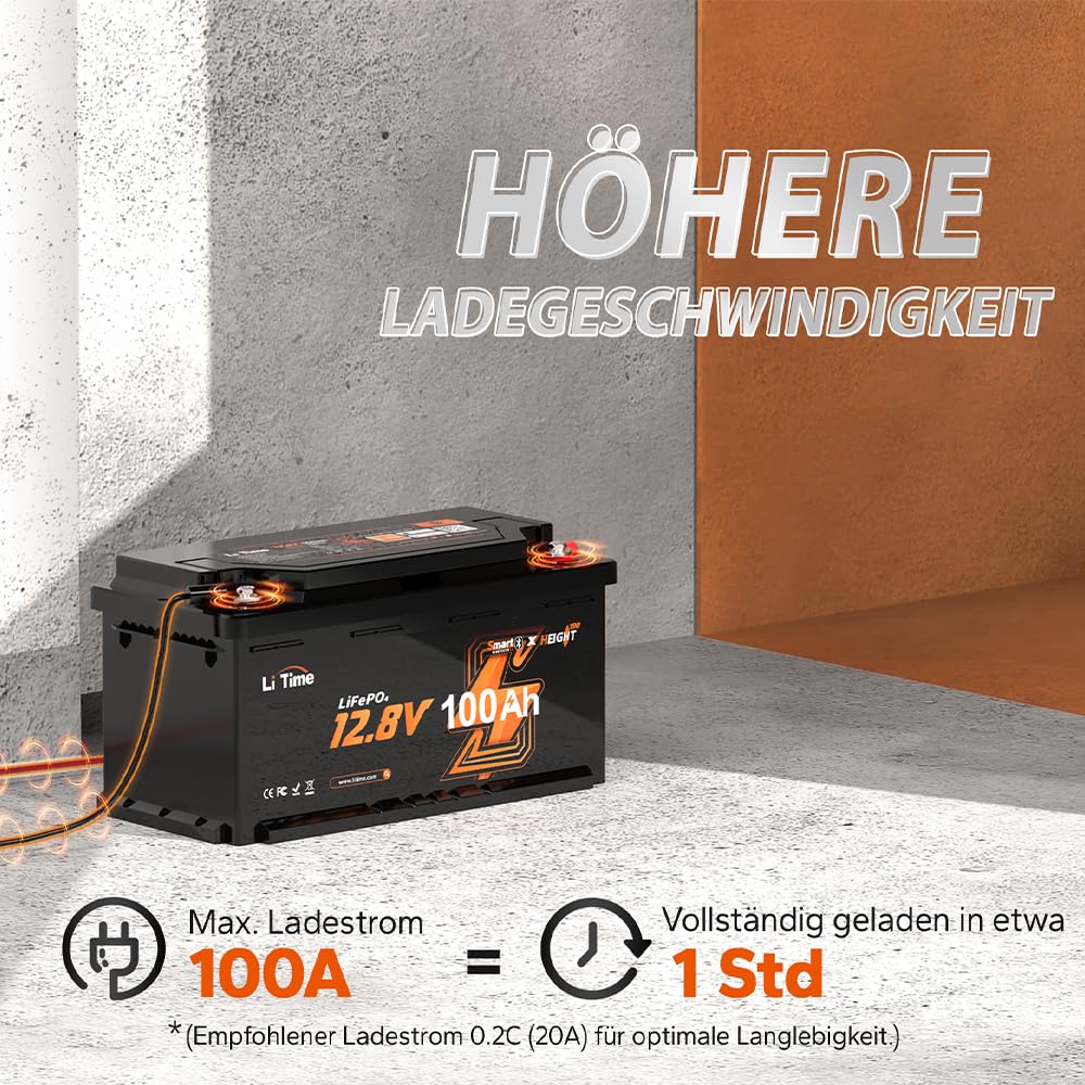 LiTime 12V 100Ah LiFePO4 Batterie Bluetooth H190, Wohnmobil-Untersitz DIN H8 L5 Größe Gruppe 49, 100A BMS 1280Wh Lithium Akku Tieftemperaturschutz Max. 15000 Zyklen, Perfekt für Camping, RV