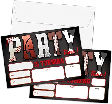 ZIIUFRN All Star Sports Birthday Invitations With Envelopes4" X 6", 20 Sets Basketball Football Soccer Teens Fill-In Birthday Party Personalized Invites For Boys Girls-b11