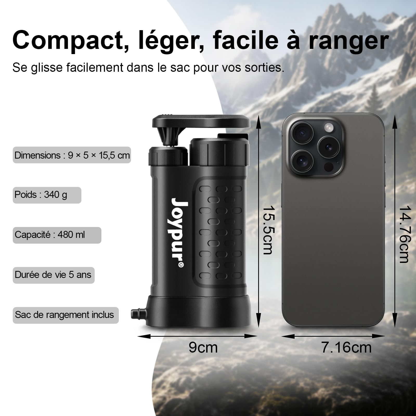 Filtro dell'acqua per esterni con membrana UF a 5 livelli, precisione del filtro 0,01 μm, peso leggero 340 g, per campeggio e emergenza (480 ml) (K8192 x nero)