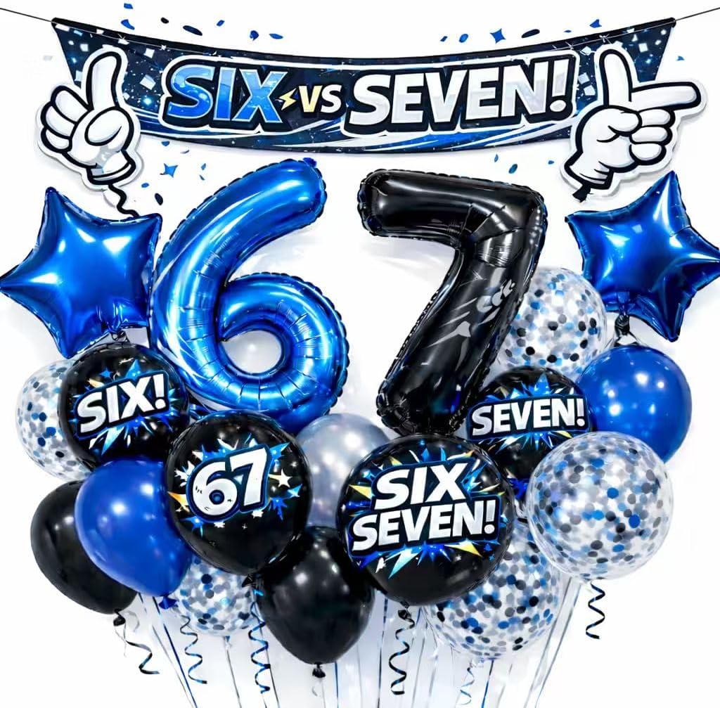6 7 Birthday Balloons, Blue Black Silver