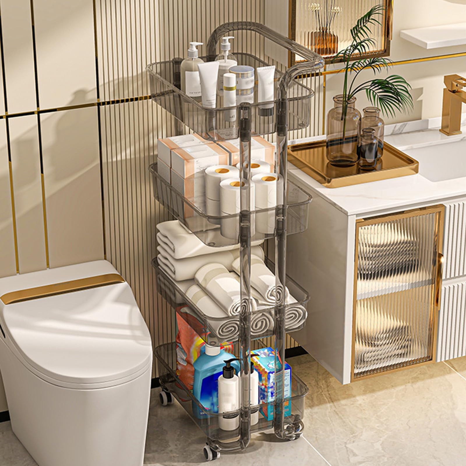 SDdPulse Carrello portaoggetti multifunzione con ruote bloccabili, per cucina, bagno, casa e ufficio, scaffale mobile per una facile organizzazione, 4 ripiani, colore: grigio