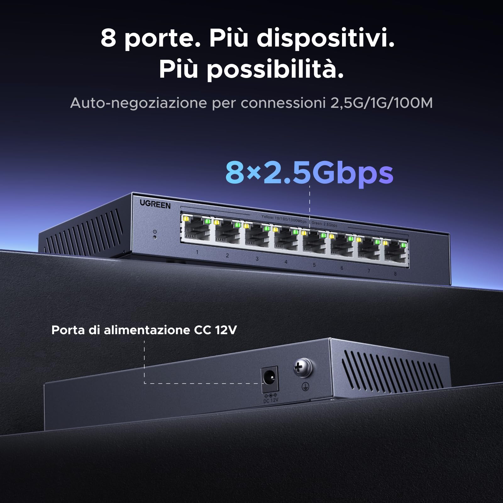 UGREEN Switch Ethernet 2.5G 8 Porte Duplex Plug and Play Non Gestito | Hub RJ45 100/1000/2500Mbps per PC NAS Server Router Monitor Console di Gioco Video 4K/8K