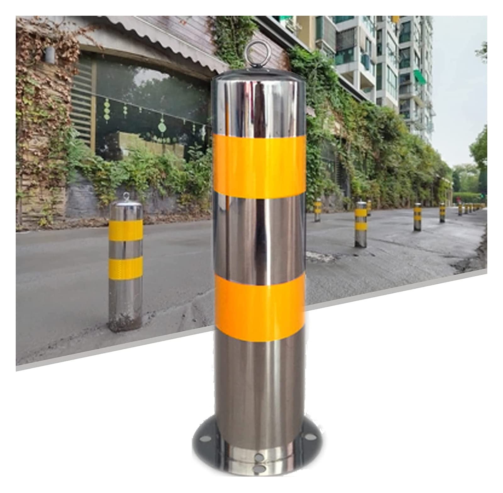 Security Posts for Driveways, Stainless Steel Security Posts for Driveways Reflective Tape Security Posts for Driveways, Metal Bollard 114mm Wide Parking Barrier Concret Traffic Cones